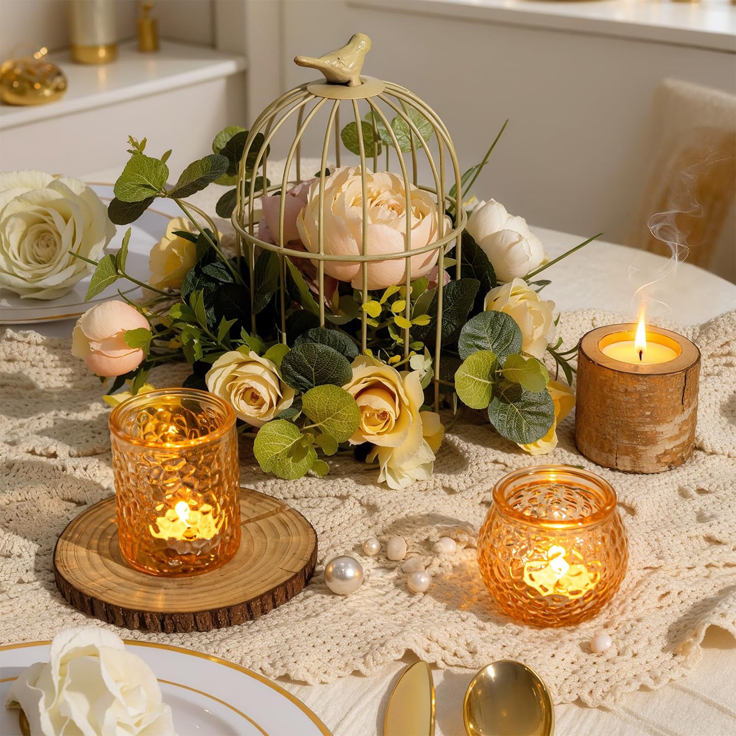 24-Piece Gold Glass Votive Candle Holders Set – Tealight Candle Holder Glass Bulk with 12 Round & 12 Hammered Textured Cups, Gold Votive Candle Holders for Weddings, Parties, Home