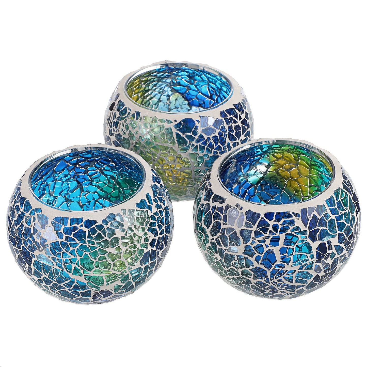 OwnMy Set of 3 Blue Mosaic Glass Tea Light Holders Round Bowl Votive Candle Holders Pillar Candle Stands, Glass Mosaic Tealight Holders Potted Plant Bowl Vase Candle Centerpiece for Table Wedding
