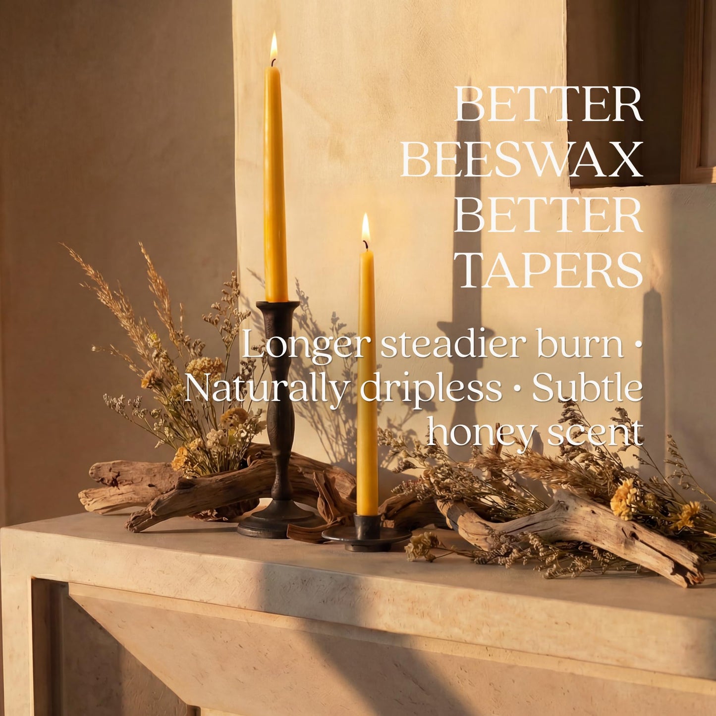 Bluecorn Beeswax Taper Candles, 100% Pure Natural Bees Wax, Pair of 10 Inch Yellow Tapered Candlesticks, Clean Burning & Dripless, Fragrance Free, Long Lasting, Home Decor, American Made, 1 Count