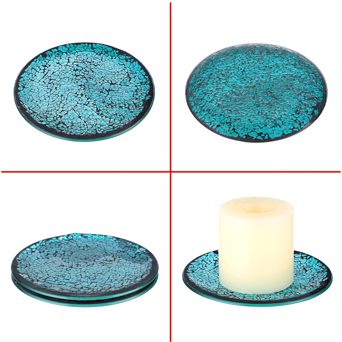 OwnMy 2PCS Mosaic Glass Candle Plates and Trays 6 Inch Pillar Candle Holders Plates, Glass Mosaic Candle Coasters Decorative Pillar Candle Stands Candle Bases for Wedding Table Centerpiececs, Blue