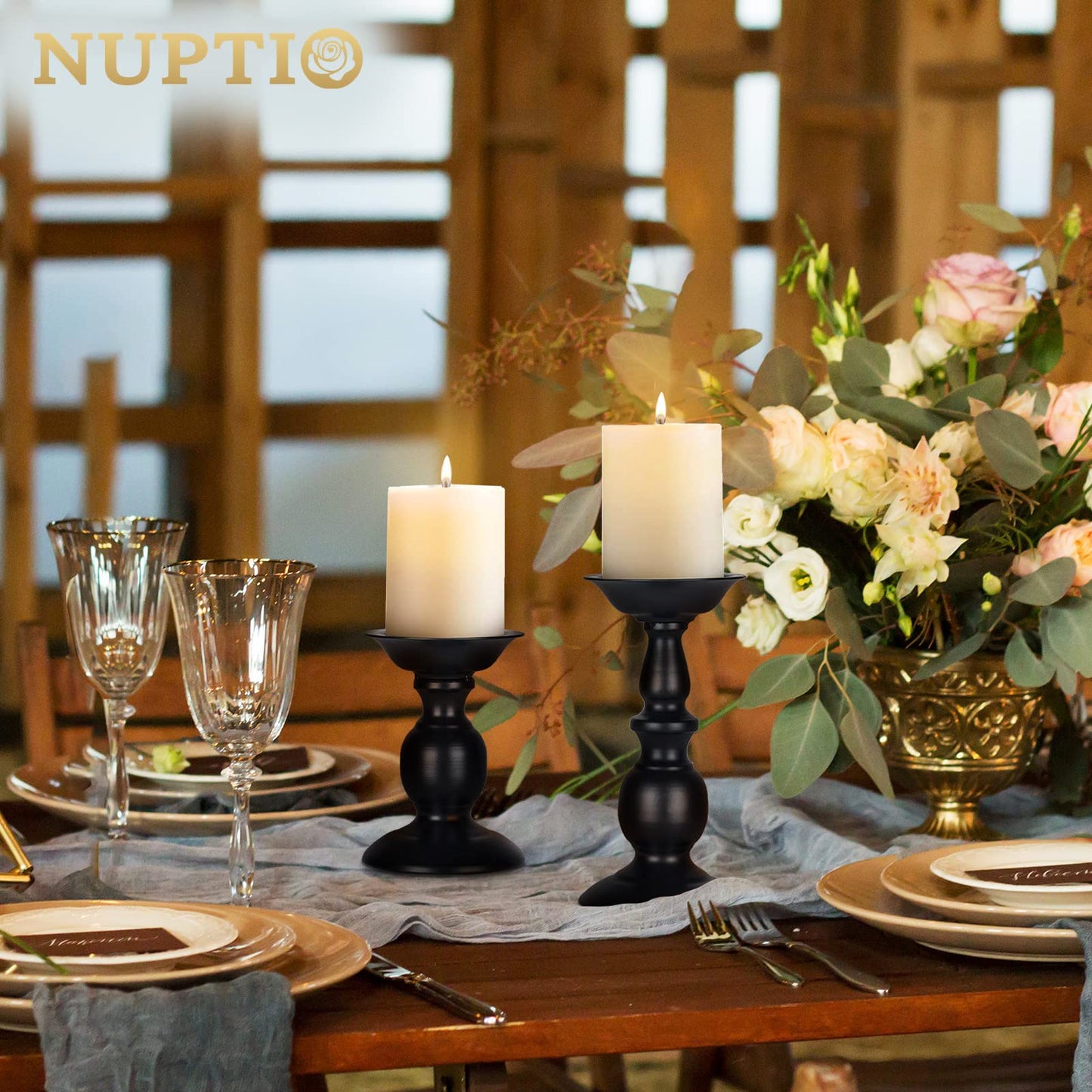 Nuptio Black Candle Holder for Pillar Candles - 2 Pcs Rustic Candle Holders Set Metal Candle Stand Tall Retro Fall Pillar Candleholder for Halloween Easter Farmhouse Fireplace Home Table Centerpiece