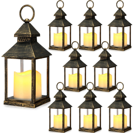 Sumind 8 Pack 9" Decorative Candle Lantern with Flameless Candle Wood Grain Lantern Hanging Vintage Rustic Farmhouse Decor Wedding Decoration Table Centerpiece for Indoor Outdoor Party (Black)