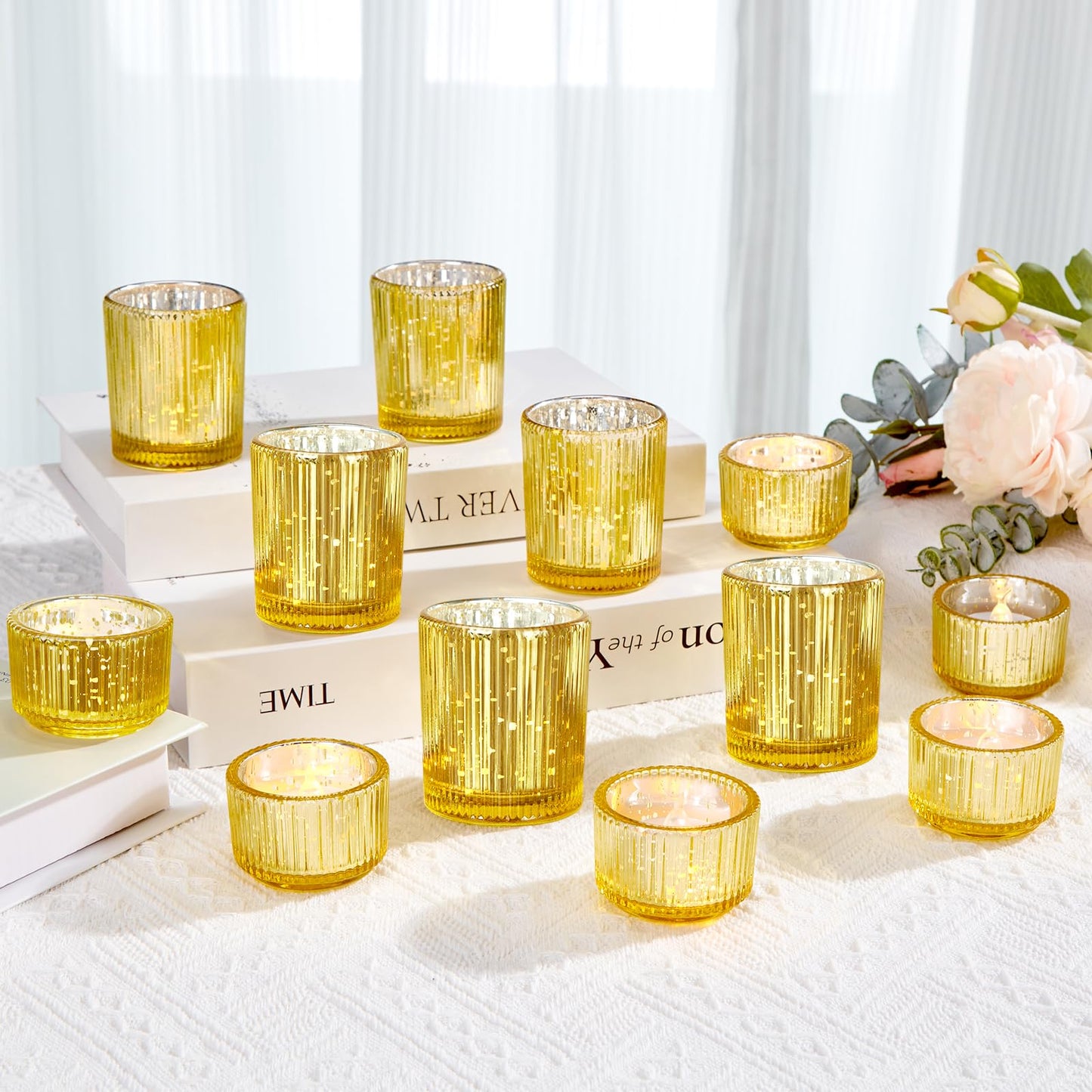 IMAGE Votive Gold Candle Holders, Elegant Glass Tea Light Holder for Weddings, Diwali, Home Decor, Shower, Party & Gift (12)
