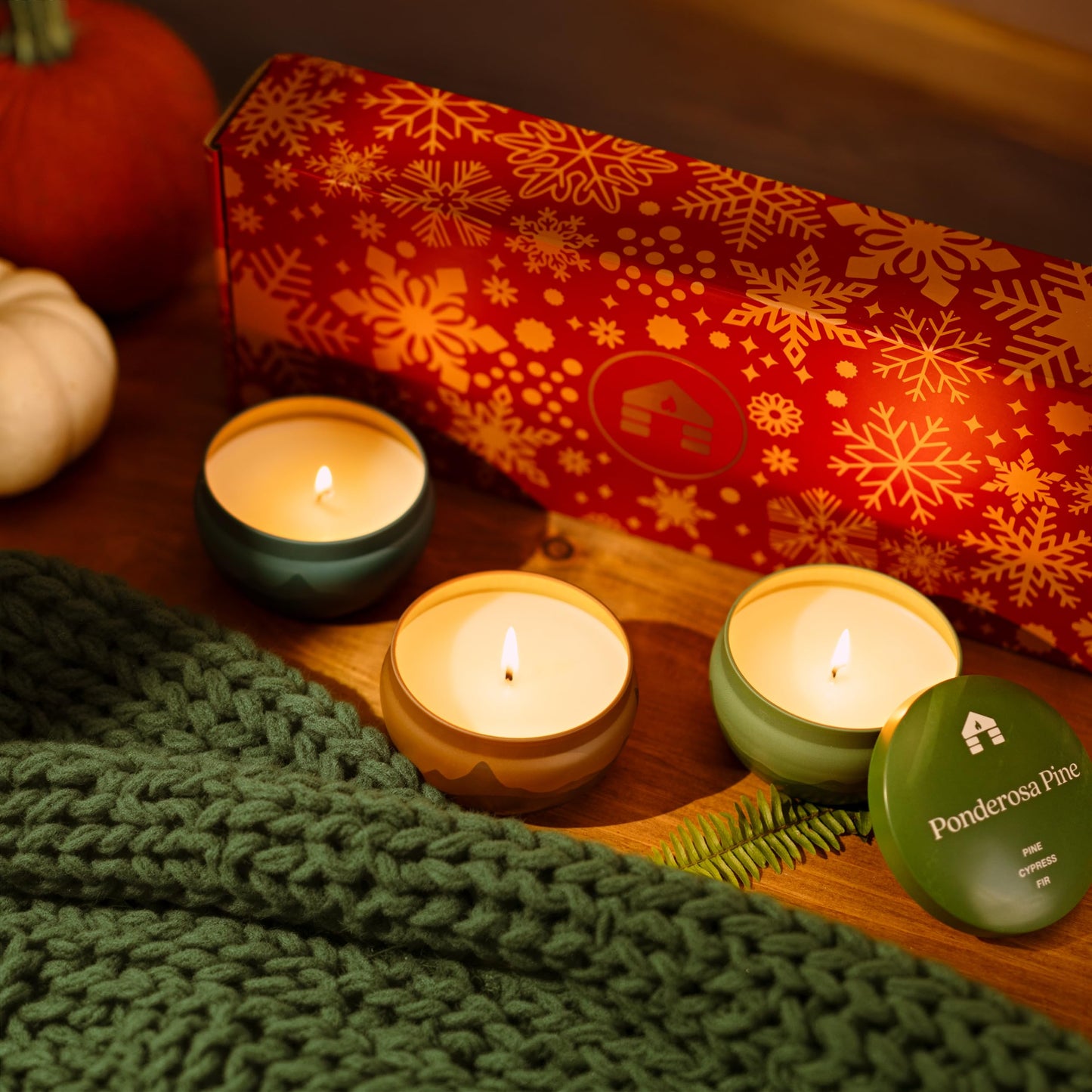 Bluecorn Aromática Holiday Candle Gift Set, 3 Tins Pumpkin, Ponderosa Pine & The Woodsy, Vegan Coconut Wax, Clean Burning & Long Lasting Candles, Candle Set, American Made, 3 Ct, 8 Oz Each