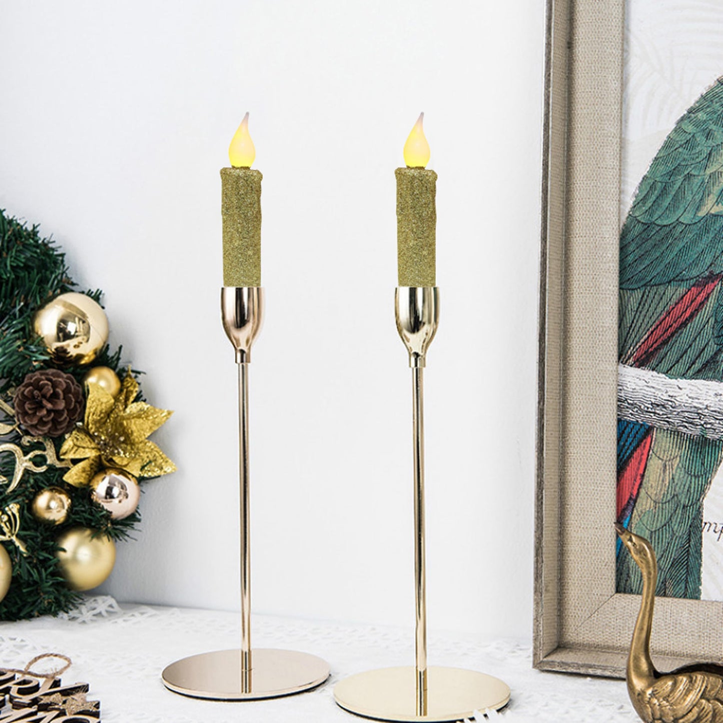 CVHOMEDECO. Glitter Flameless Candles Flickering Battery Operated LED Taper Candles with Timer for Home, Wedding, Halloween, Christmas Decor. Gold, 4-3/4 Inch, Set of 2