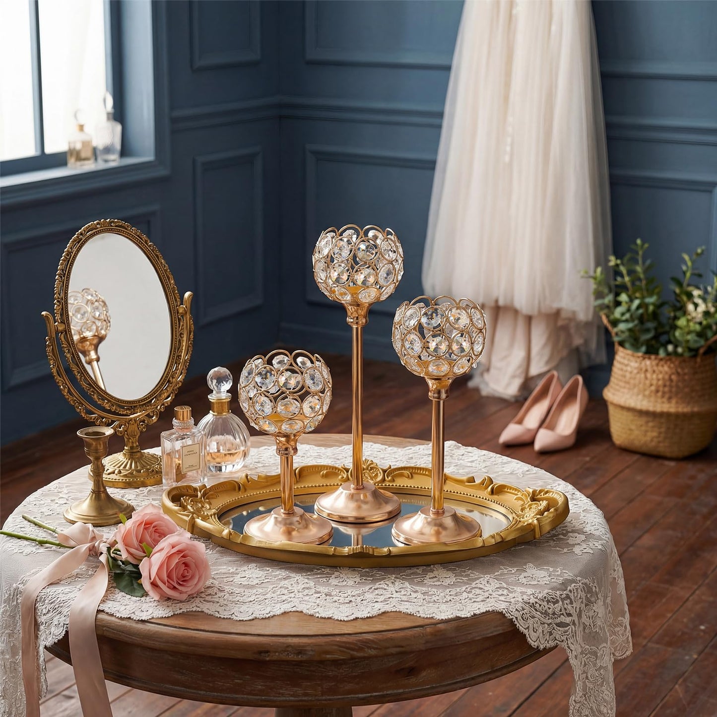 Kehail Crystal Metal Tealight Candlestick, Bling Bowl Candelabras, Tall Crystal Votive Candle Holders Elegant Crystal Candle Centerpiece for Dining Table Wedding Decor (Set of 3, Gold)