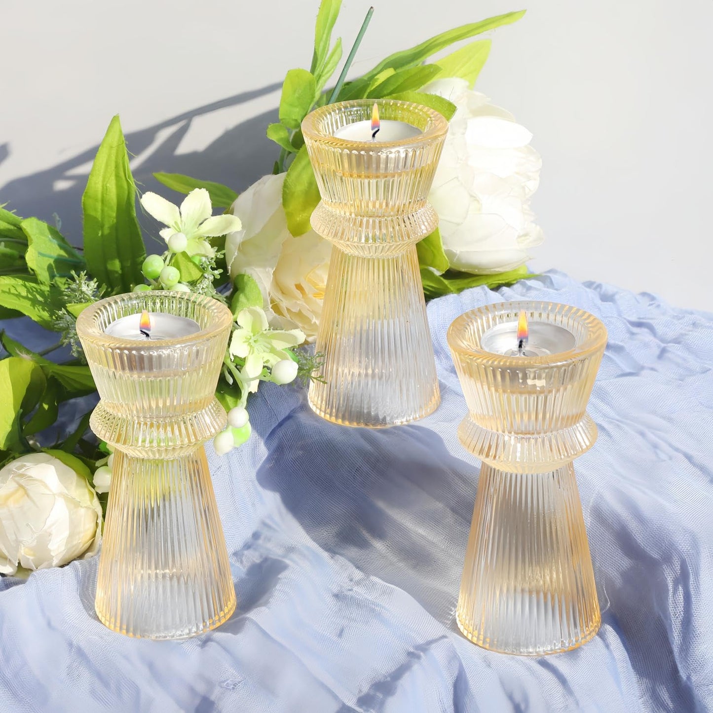 VOHO Gold Candlestick Holders for Holiday Decor, Set of 3 Ribbing Glass Taper Candle Holders Classy for Wedding Christmas Table Centerpieces, Gold Candle Holders for Candle Sticks & Tealight Candles