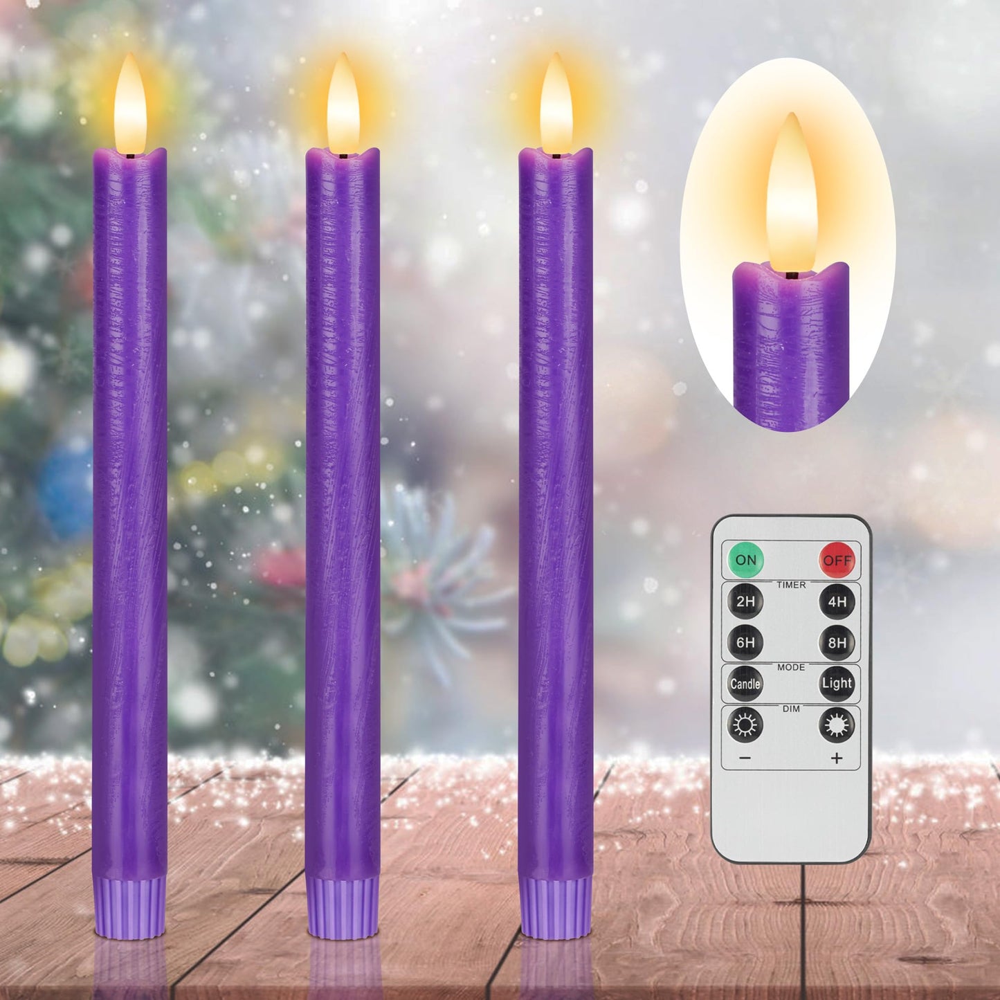 SEHNSY Purple Flameless Taper Candles with Remote, 3 Pack Flickering LED Candlesticks, Real Wax Battery Operated Christmas Window Candles for Winter Home Holiday Decoration