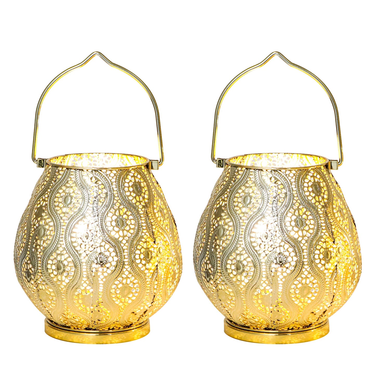 TRIROCKS Set of 2 Moroccan Decorative Lamps 8'' High Cordless Lamp Metal Table Lamps with Fairy Lights Bulb for Home Living Room Garden Yard Party Events Tabletop Indoor Outdoor(Gold)