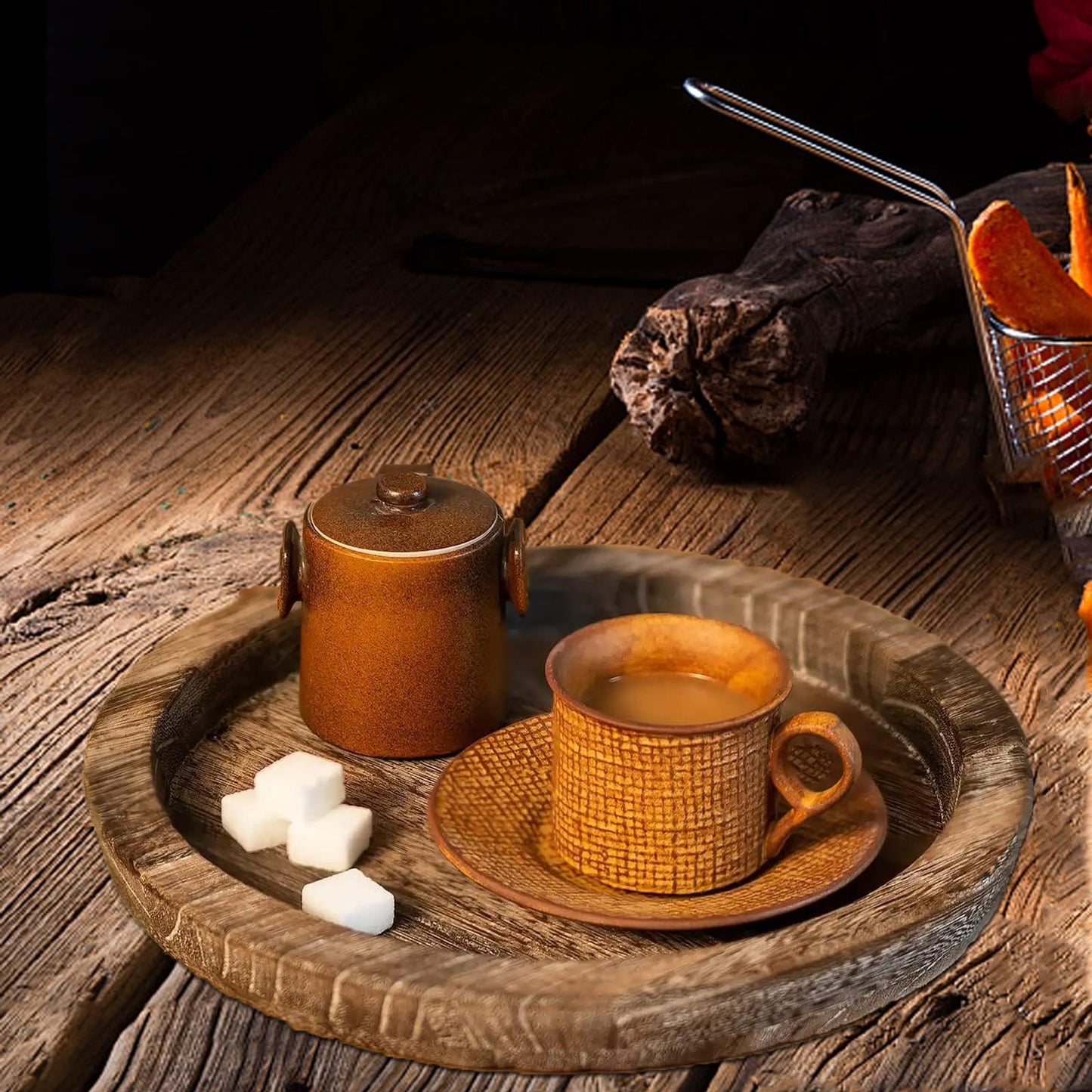 Rustic Wooden Serving Tray - Candle Holder, Round Coffee Table Decor, Home Centerpiece (11.14 in)
