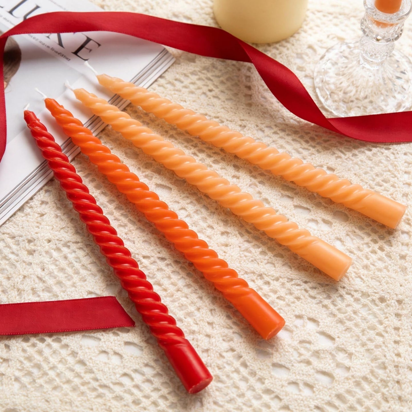 Orange Spiral Taper Candles, 10 inch Gradient Twisted Candles,4 Pack Unscented and Smokeless Long Burning Candles with Cotton Wicks,Tall Candlesticks,Ideal for Weddings, Dinner Parties, and Home Décor