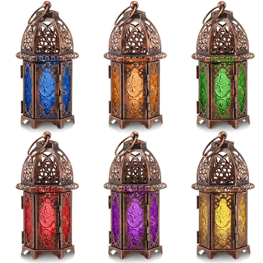 Mumufy 6 Pcs Moroccan Lanterns Ramadan Lantern Eid Decorations for Home Gold Lamp Decor Vintage Decorative Eid Mubarak Hanging Candle Lantern for Party Decor Indoor Outdoor (Bronze)