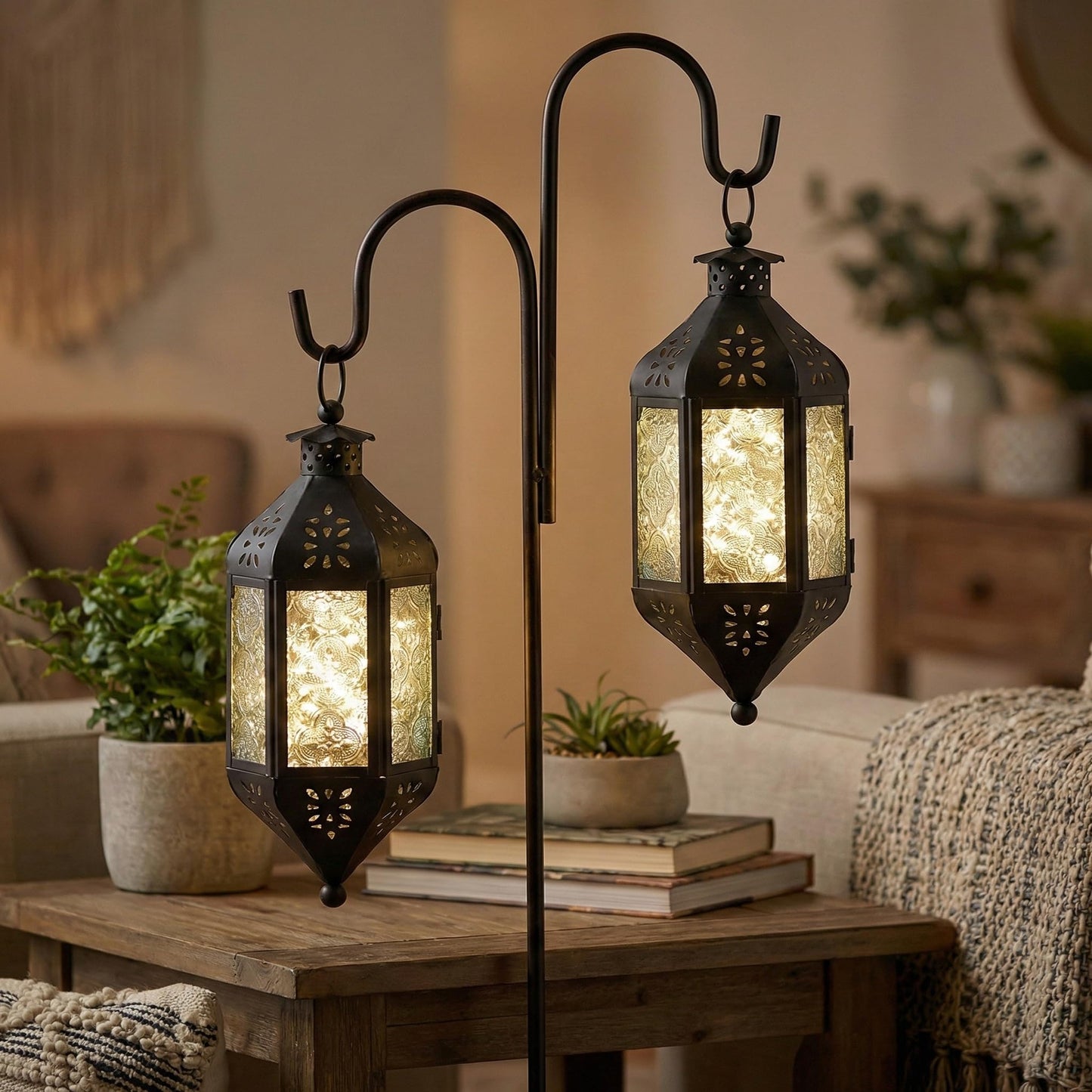 Vela Lanterns Hanging Moroccan Lamp - Exotic Decorative Patio & Porch Decor, Indoor Outdoor Tea Light Candle Lantern Holder with Chain (11" Medium, Clear Glass, 2-Pack)