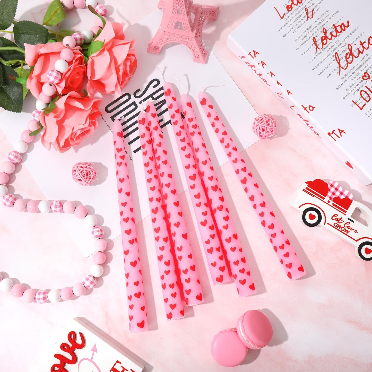 JarThenaAMCS 6Pcs Valentine Taper Candles 10 Inch Pink Red Heart Decorative Candles Long Unscented Candle Sticks for Birthday Wedding Anniversary Party Home Table Decor