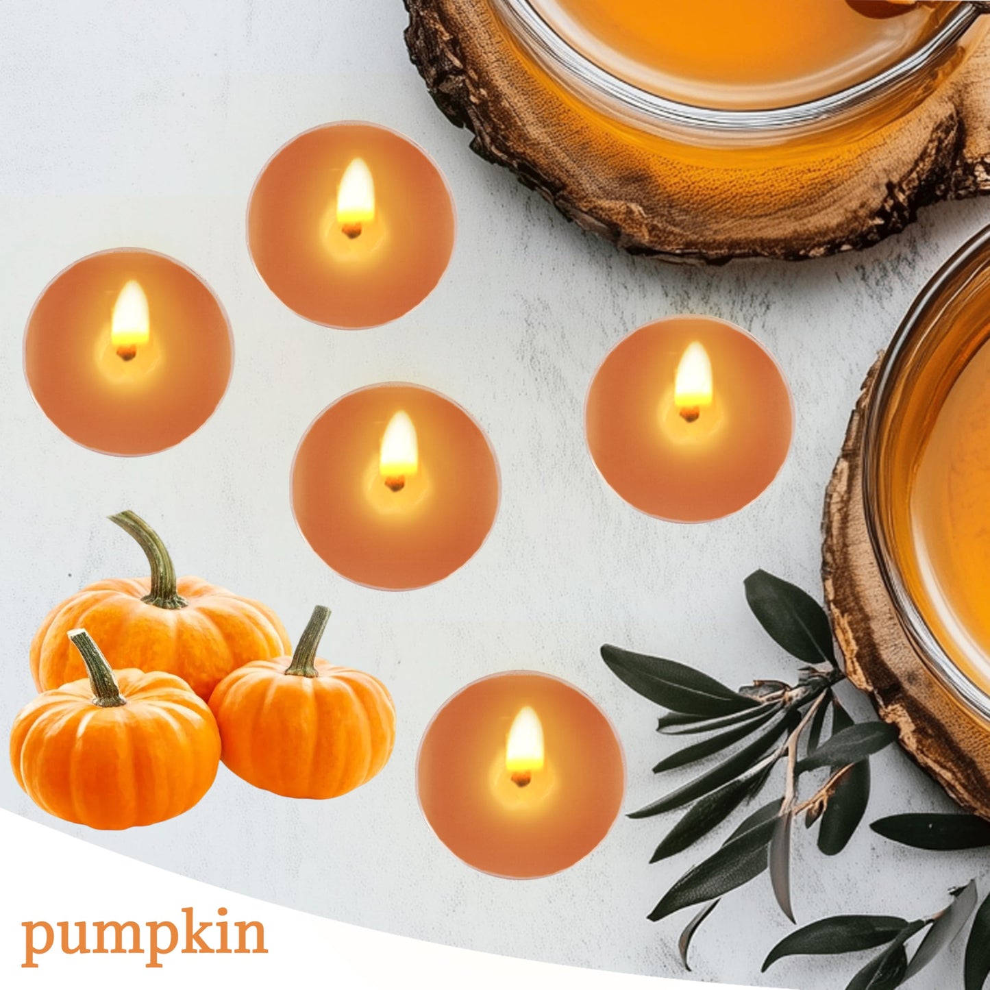 Pumpkin Scented Tea Lights - Handmade Small Round Candles in Transparent Cups, Clean Burning Smokeless 4-Hour Burn, Perfect for Fall Decor, Thanksgiving & Cozy Evenings