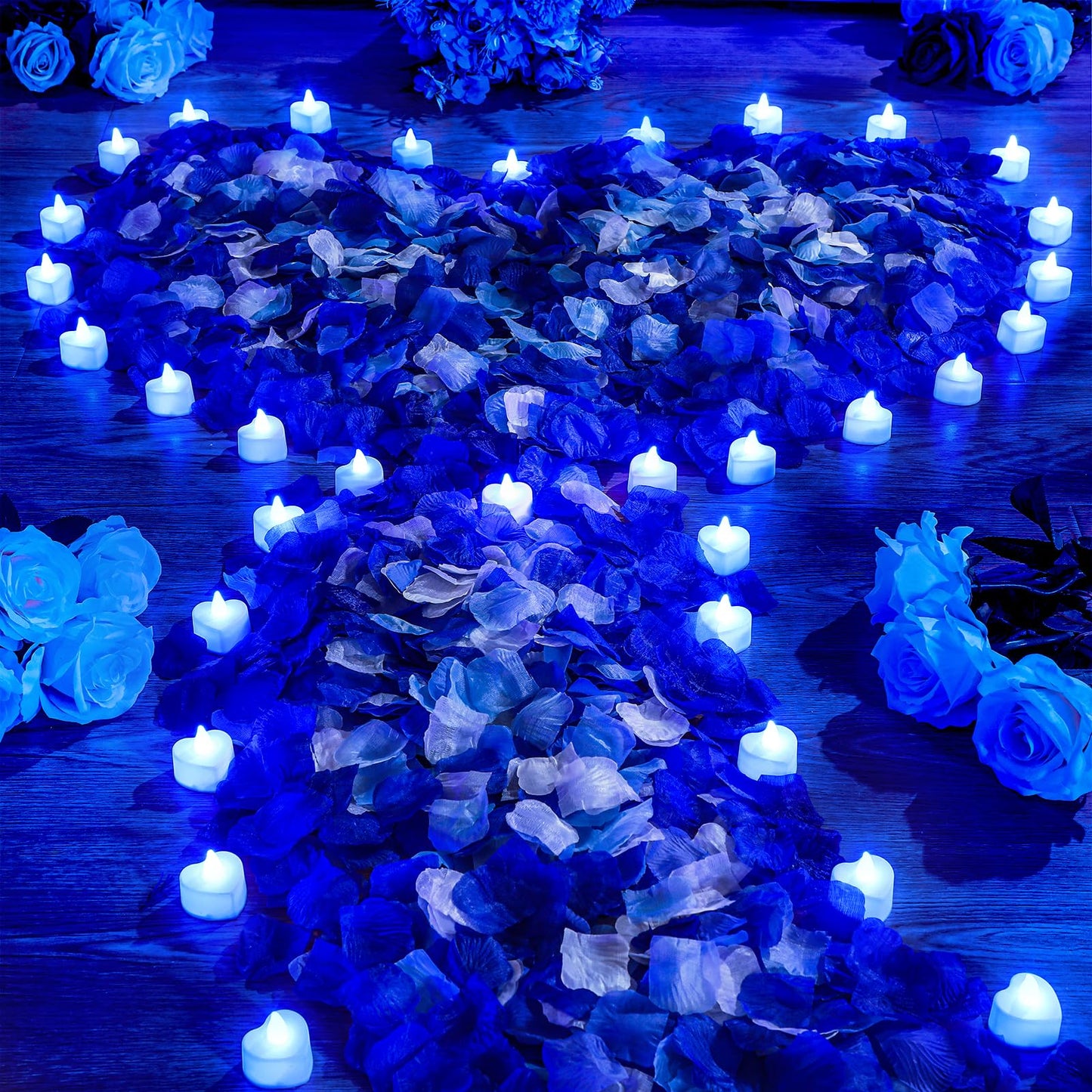 VIHOSE 4000 Pcs Artificial Rose Petals with 24 Pcs LED Tea Lights Candles Flameless LED Candles Fake Rose Petals for Wedding Birthday Party(Blue Light, Vivid Color Petal)