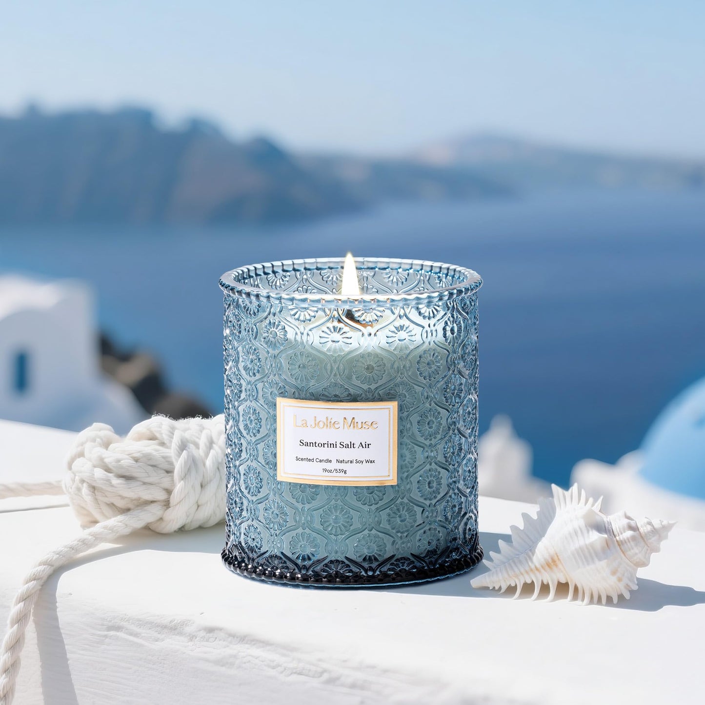 LA JOLIE MUSE Santorini Salt Air Candle - Bergamot, Sea Daffodil, Sandalwood | 19 oz Large Wooden Wick Candle | Natural Soy Wax | 90 Hours Clean Burn | Ocean Scented Candle