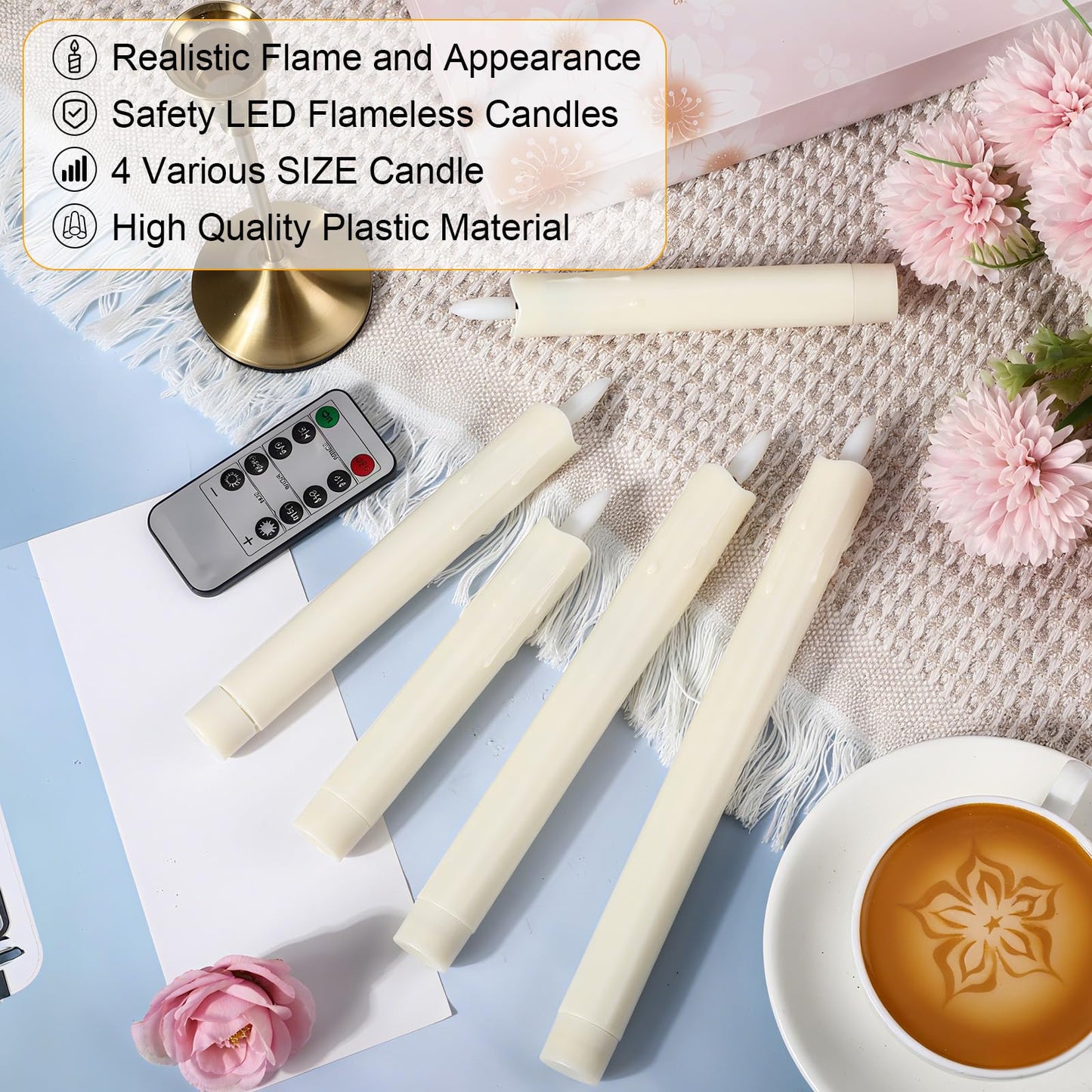 Retisee 20 Pcs Flameless Taper Candles with Timer Remote 6.5" 7.7" 8.9" 10" Plastic LED Candlesticks Battery Operated LED Candles for Indoor Home Wedding Christmas Decoration(Ivory)