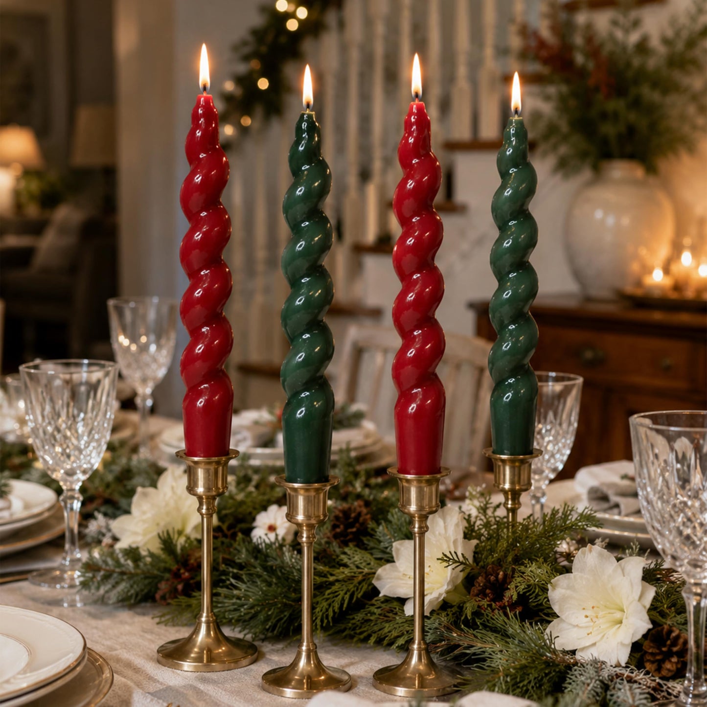 7.5 Inch Red and Green Spiral Taper Candles Set of 4, Handmade Unscented Twisted Dinner Candles for Candlestick Holders, Christmas Wedding Table Decor