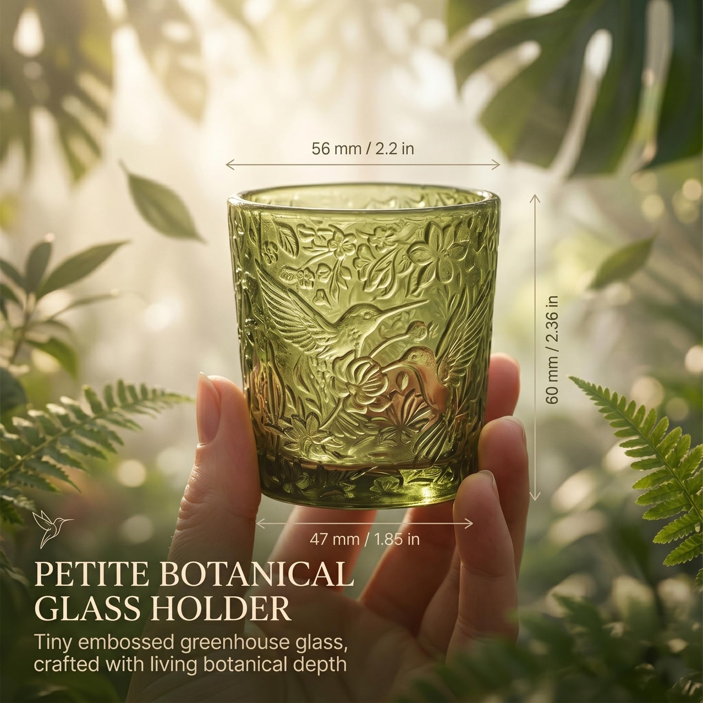 6 Pack Hummingbird Embossed Glass Candle Holders Votive Tealight Holders with Patent Design, Decorative Cups for Wedding Centerpieces, Parties, and Home Decor (Moss Green)