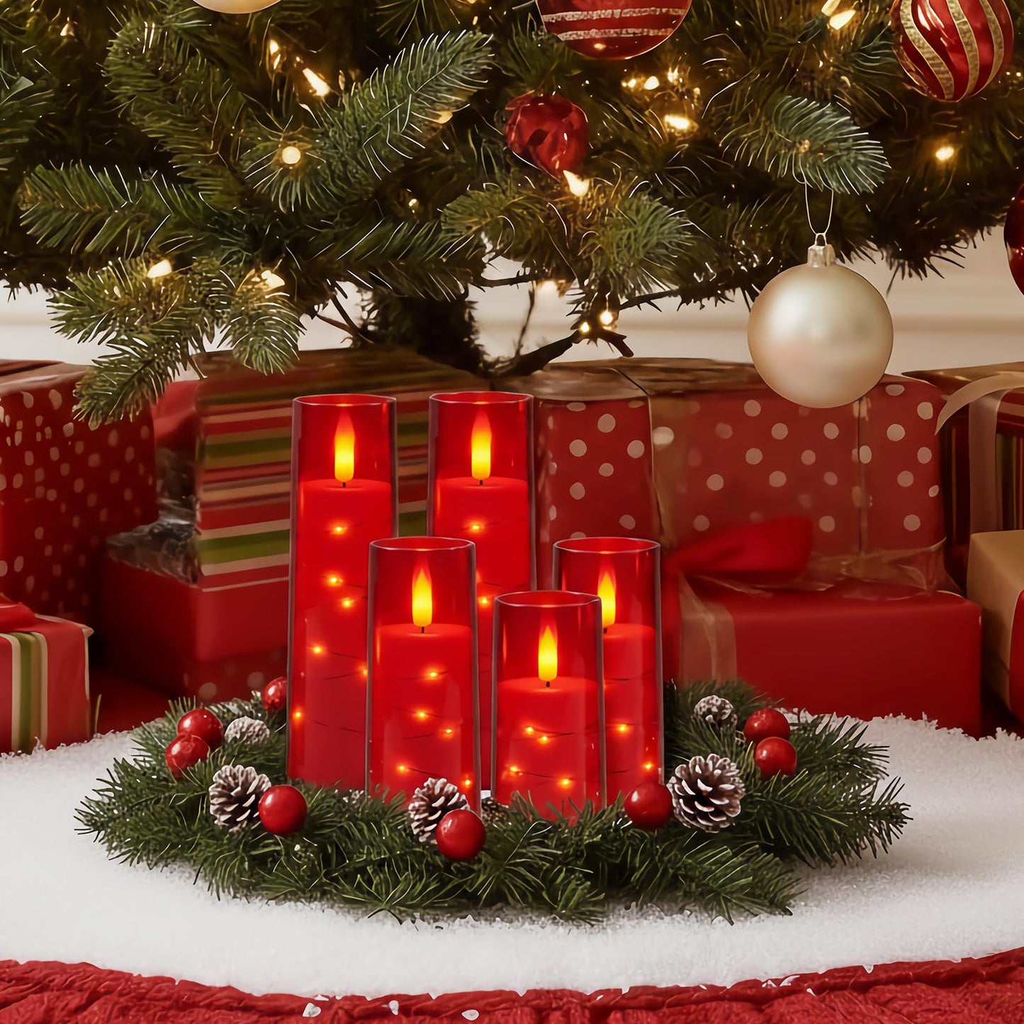 Raycare Flameless Candle with Remote Timer – 5 Flickering Acrylic Battery Operated LED Pillar Candles with Embedded Star String for Halloween, Home Decor, and as a Gift(Red)