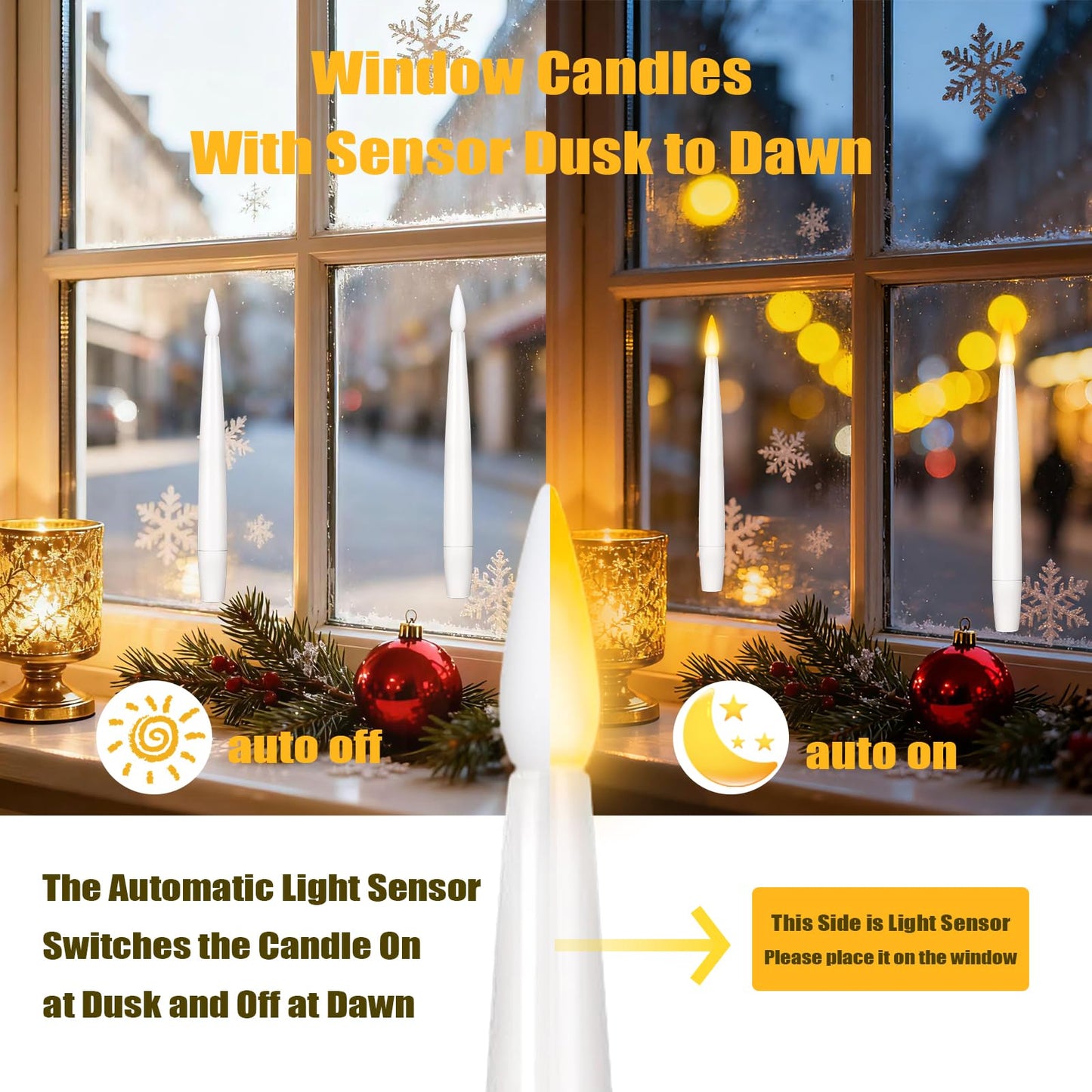 6.1" x 0.5" Window Candles with Sensor Dusk to Dawn, 14 Pcs Ivory Flameless Taper Candle with Dimmer Battery Operated with Nano Adhesive lasts up to 200+ Hours for XMas, Halloween Decor and Holiday