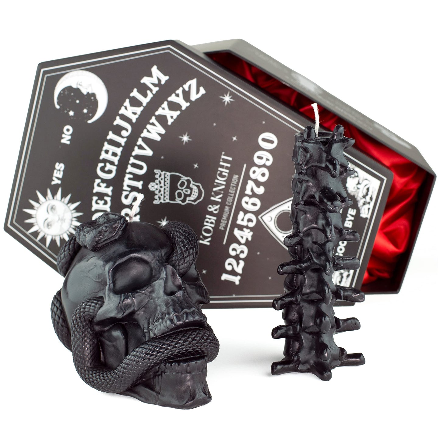 Kobi & Knight Black Skull Candle Set - Goth Candle with Snake and Spine in Coffin Gift Box - Gothic Candles for Spooky Halloween Decorations - Creepy Candles for Goth Decor