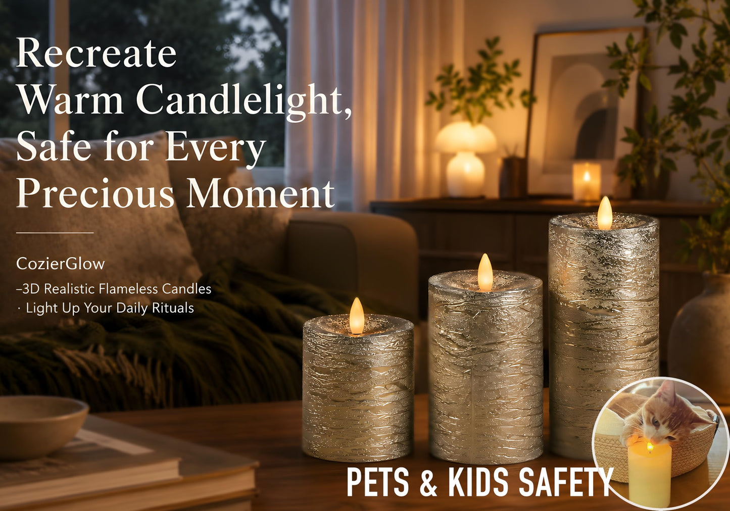 CozierGlow Shiny Metallic Silver Flameless Pillar Candles, Patented 3D Realistic Moving Flickering Flame with Remote Timer, Battery Operated 400hrs for Wedding, Holiday, Party, Decor, Gift(Set of 3)