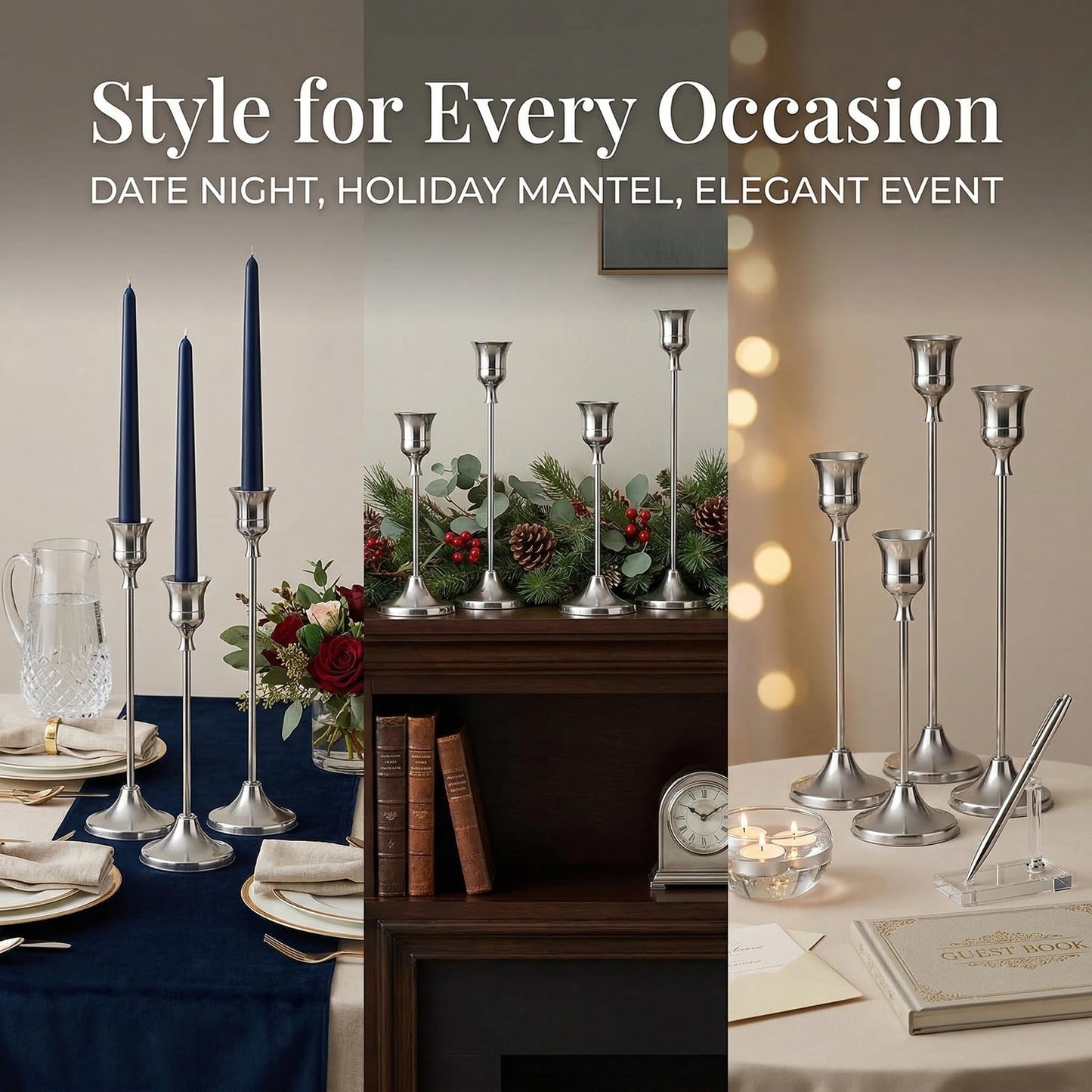 Oakernel Silver Taper Candle Holders 2 Sets(6 Pcs) - Tall Metal Candlestick Holders for Table Centerpiece, Formal Dinner, Wedding, Fireplace Mantel Decor, Fits 3/4 Inch Thick Candles