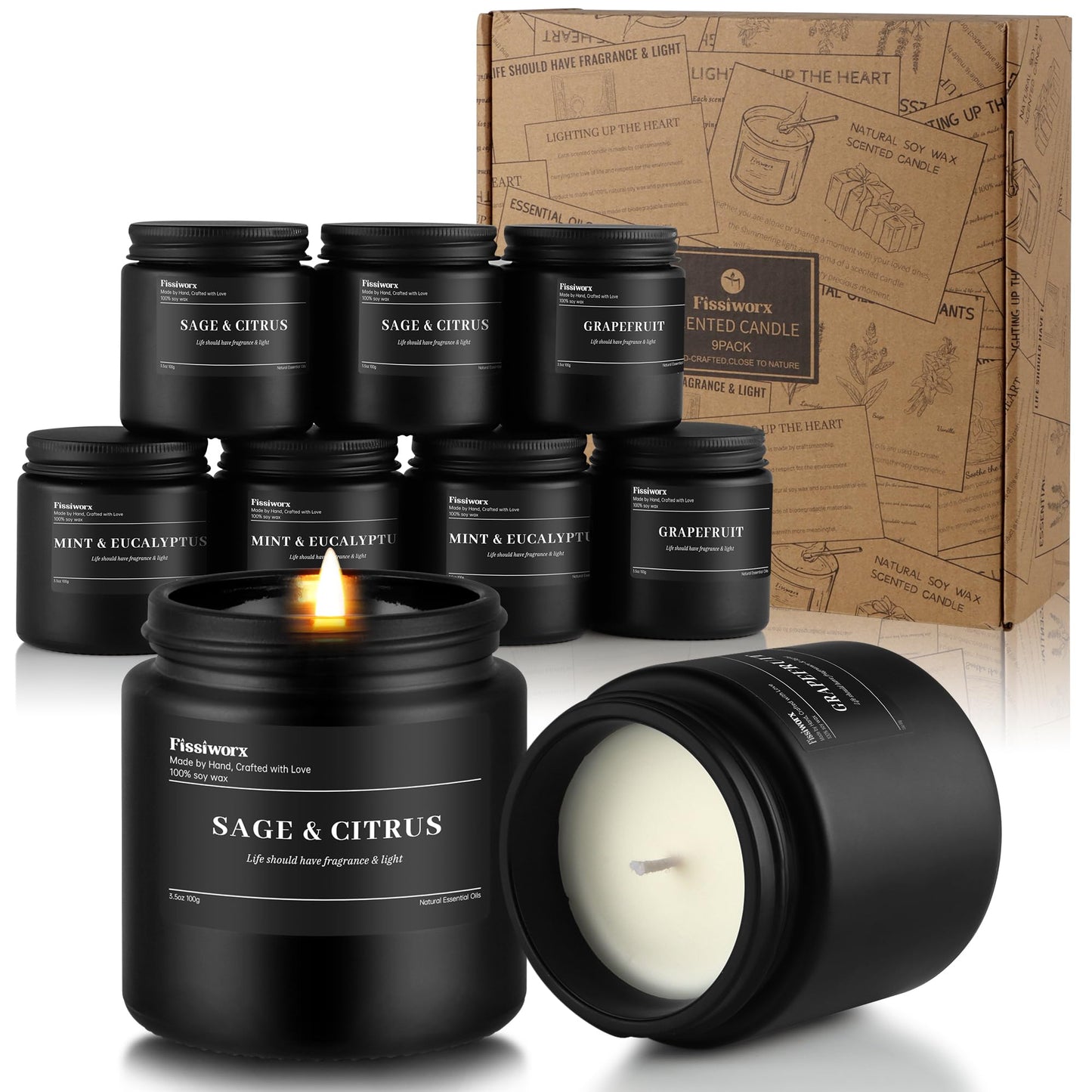 9 Pack Scented Candles Set Gifts for Men, Aromatherapy Candle Set with Scents (Mint & Eucalyptus/Sage & Citrus/Grapefruit) - Gift for Dad, Boyfriend, Birthday, Father’s Day, Anniversary