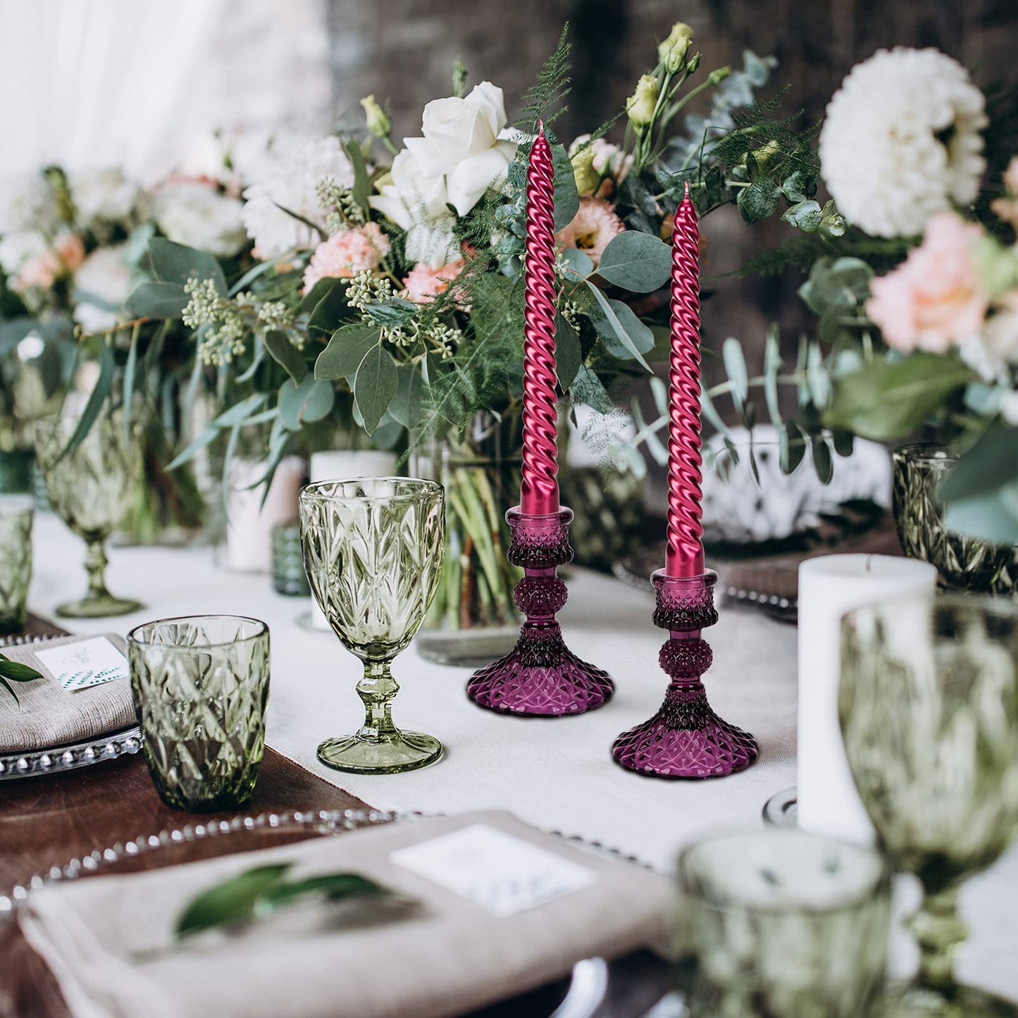 Glass Candle Holder, 2PCS Decorative Candle Sticks Pillar Candle Stand for Formal Events Wedding Party Table Centerpieces Home Decoration, Dark Purple
