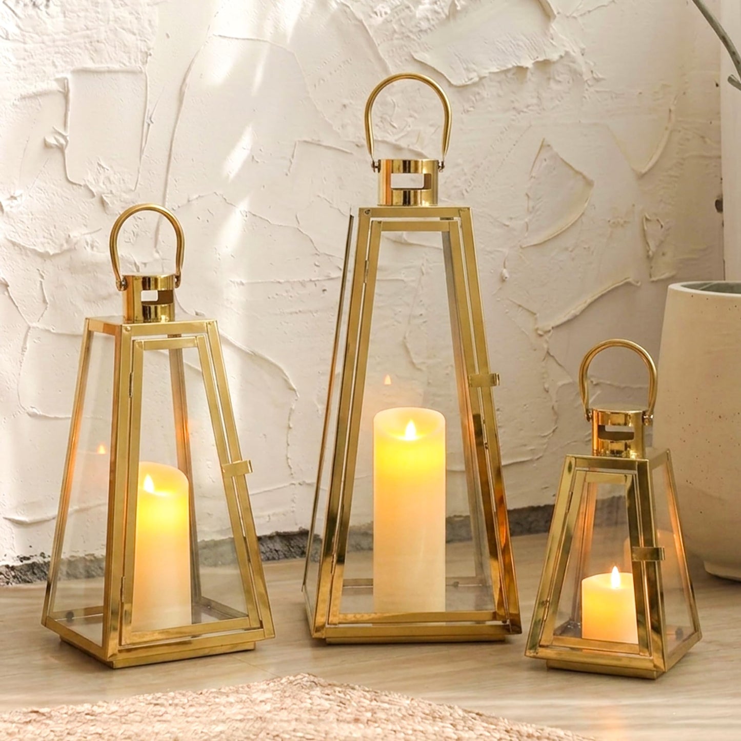TRIROCKS Set of 3 Stainless Steel Candle Lantern 21/16/11''H Metal Outdoor Candle Holder Decorative Hanging Lantern with Tempered Glass for Home Living Room Parties Event Indoor Outdoor(Gold Triangle)