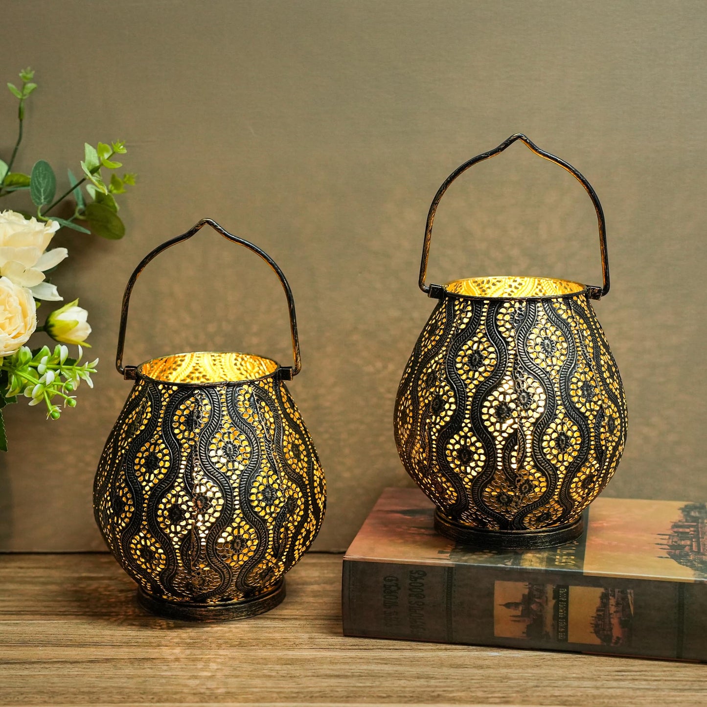 TRIROCKS Set of 2 Moroccan Decorative Lamps 8'' High Cordless Lamp Metal Table Lamps with Fairy Lights Bulb for Home Living Room Garden Yard Party Events Tabletop Indoor Outdoor(Black)
