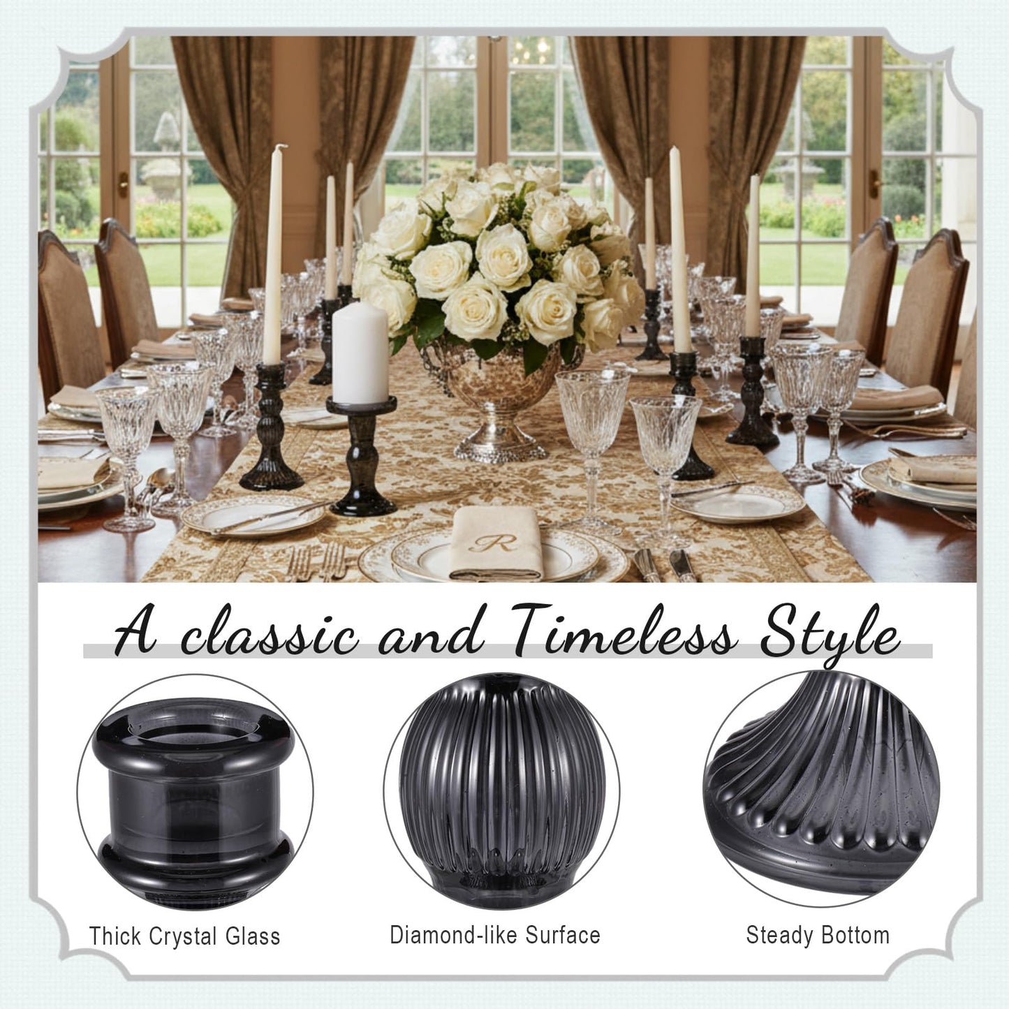 Mumufy 30 Pcs Glass Crystal Taper Candle Holders Clear Glass Candlestick Holder Fit 0.8 Inch Candles Crystal Decorative Candle Stand Centerpiece Table Wedding Dining Party (Black)