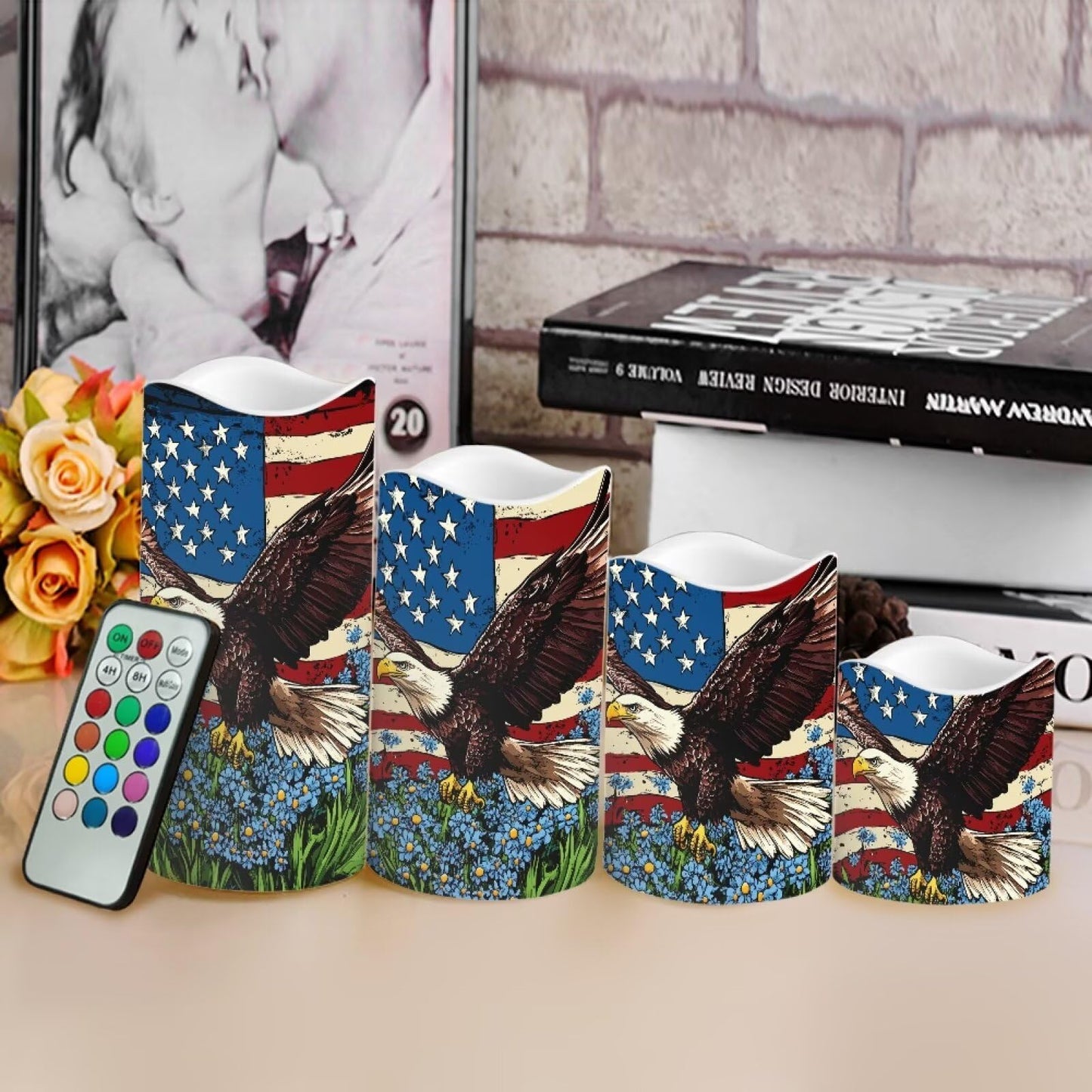 Uorisanigo USA Eagle Flag Floral Plastic Flameless Candles with Remote Control and Timer LED Flickering Battery Electric Pillar Candles for Table Patriotic Decoration