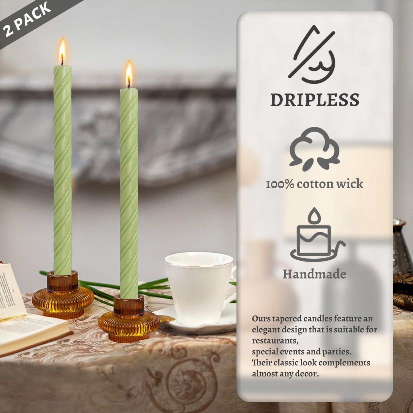 Dripless Taper Candles Unscented Grass Green Spiral Candles Smokeless Long Dinner Candles 10 Inch Long Lasting Burn Candlesticks for Home Decoration Christmas Gifts (2Pcs)