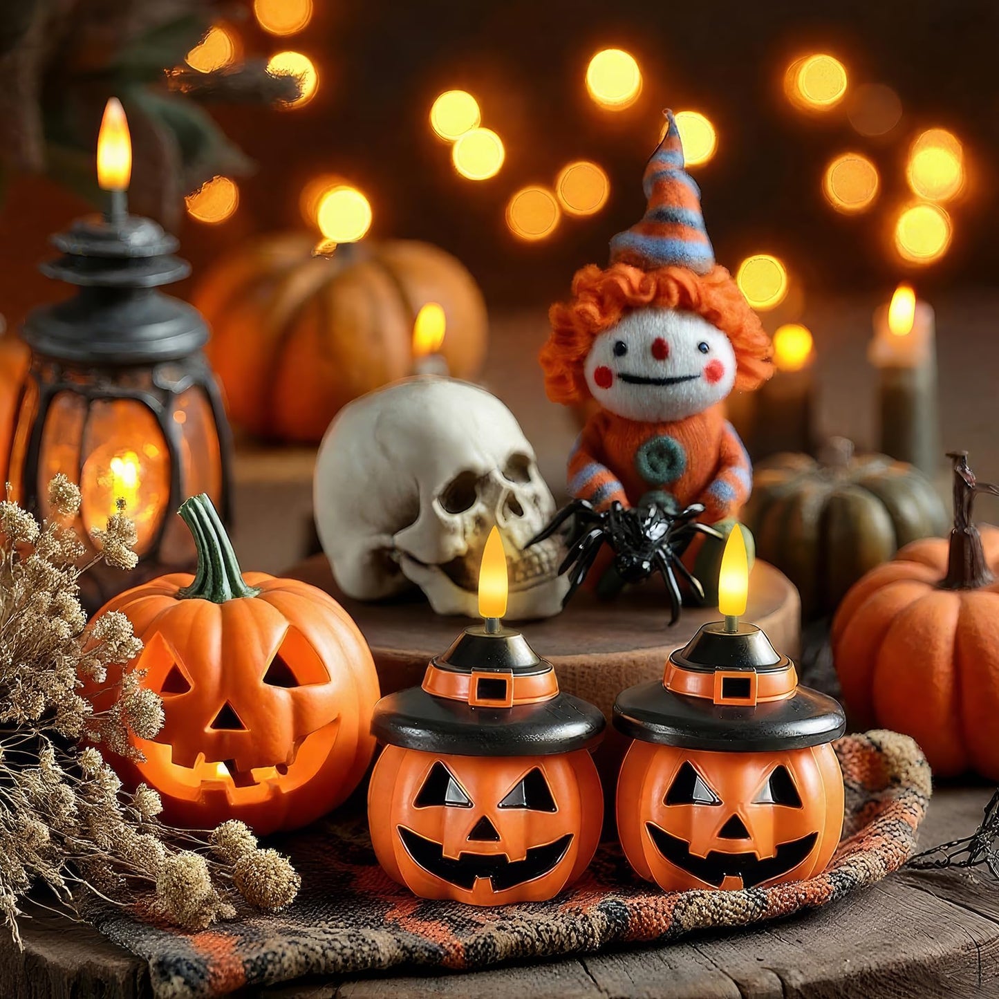 Homemory Real Wax Pumpkin Candles, 2 Pcs Flickering Flameless Candles with 6hrs Timer, LED Halloween Pumpkin Lamp, Battery Operated Lights for Home Halloween Decor, Theme Party, Orange