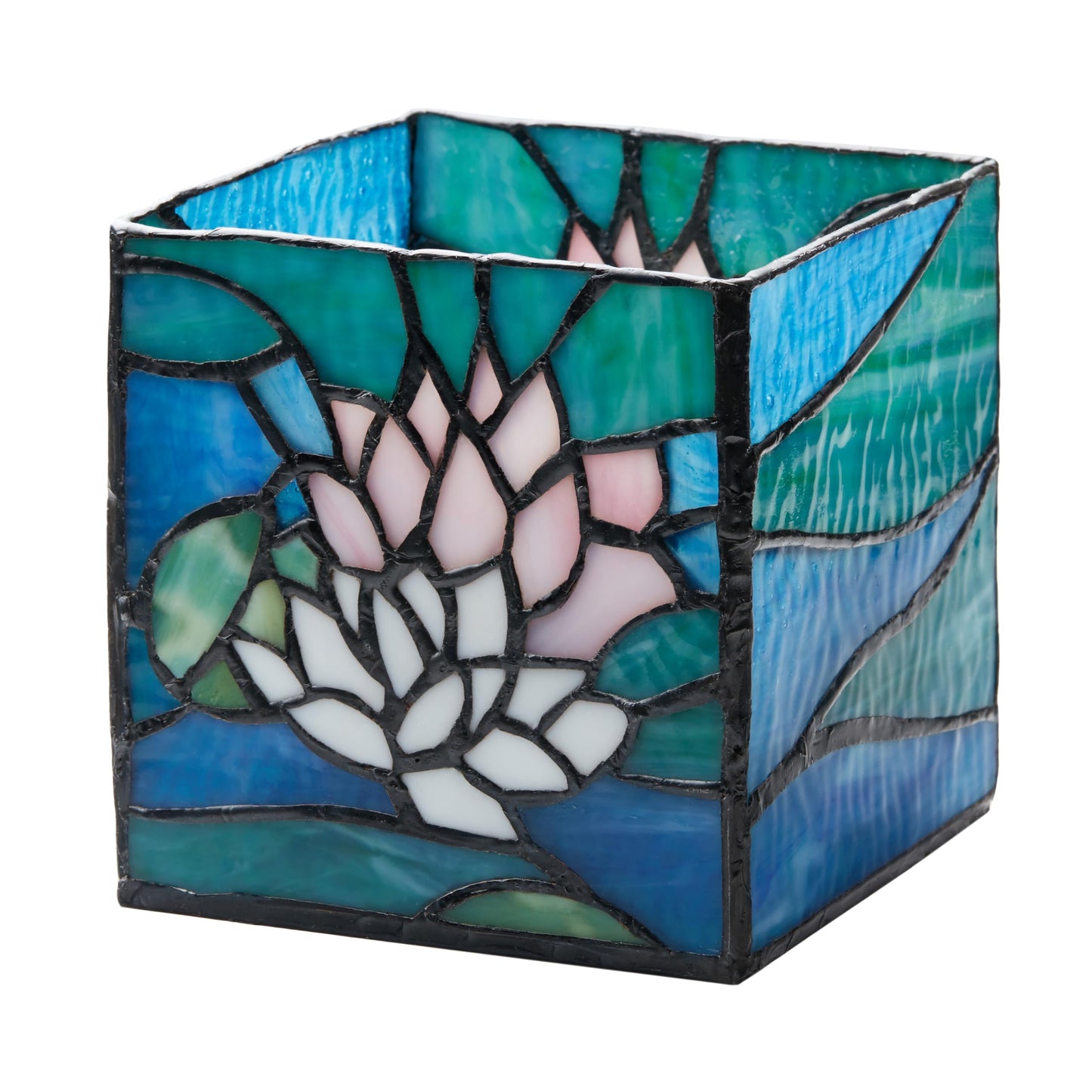 River of Goods 4.75" W Blue Pond Lily Stained Glass Candle Holder