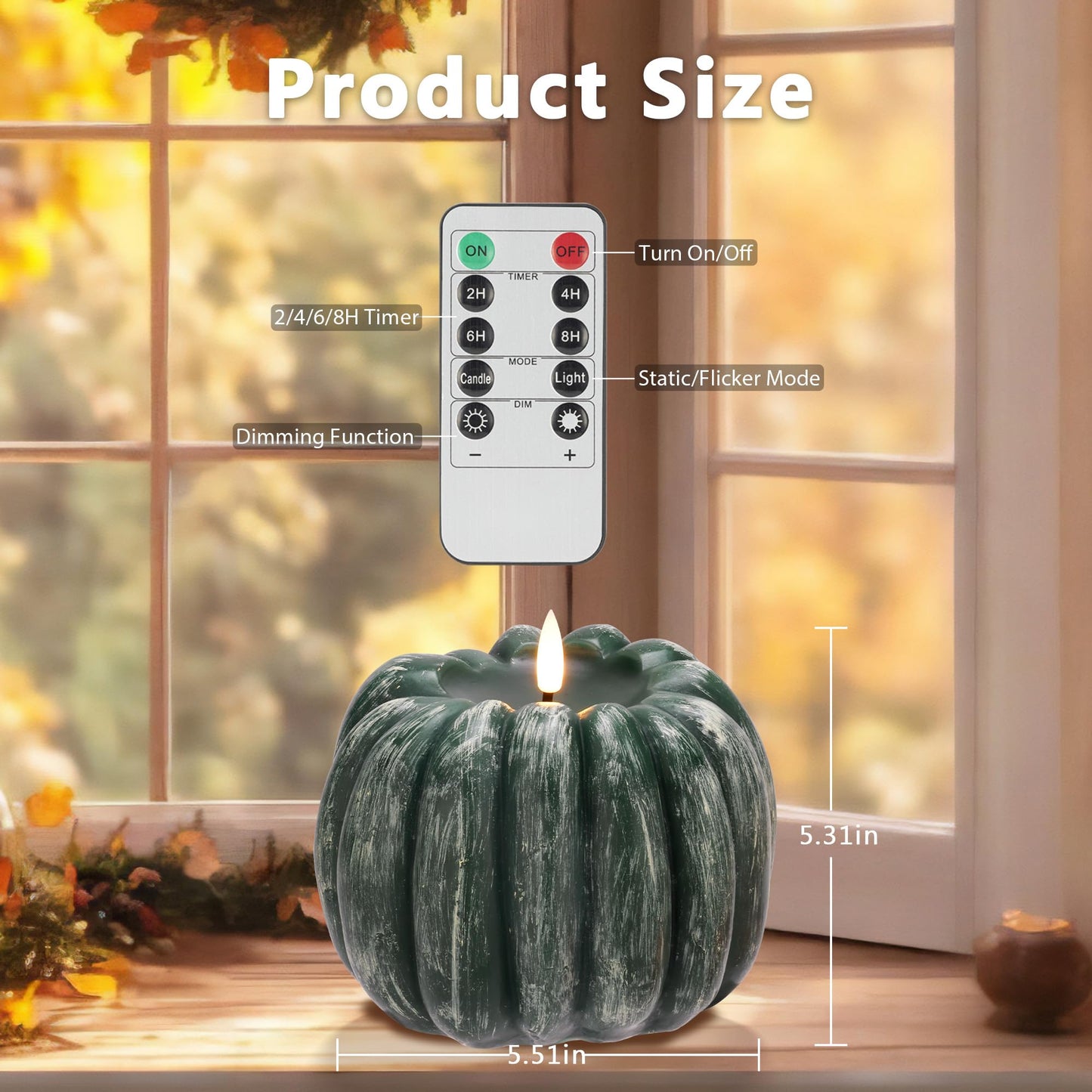 JOIONE Fall Flameless Led Pumpkin Candles with Remote, Real Wax Pumpkin Shaped Battery Operated Flickering Candles with Timer for Thanksgiving Decor, Fall Harvest Decor, Halloween Decorations, Green