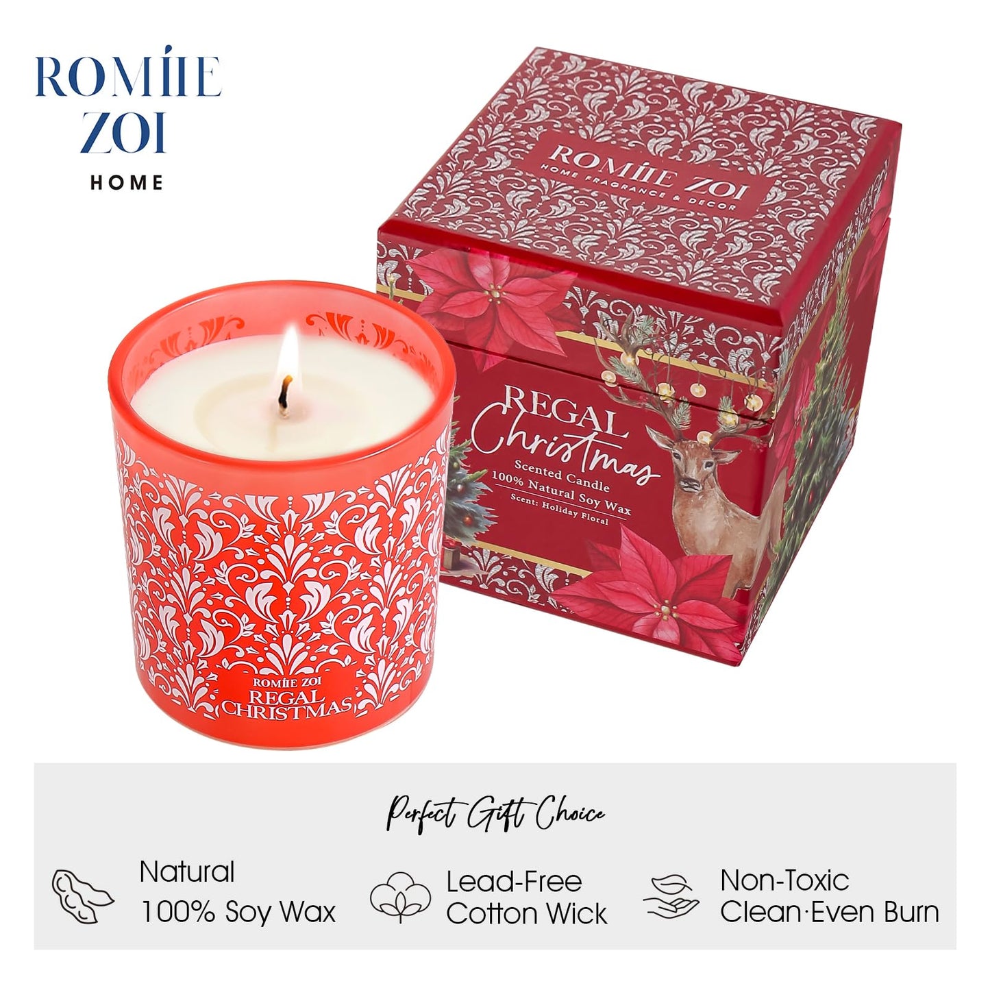 ROMIIE ZOI Christmas Scented Jar Candle - 6oz Soy Wax Candle - Infused with Floral Aroma - with Beautiful Keepsake Box Special for Holiday Gifts