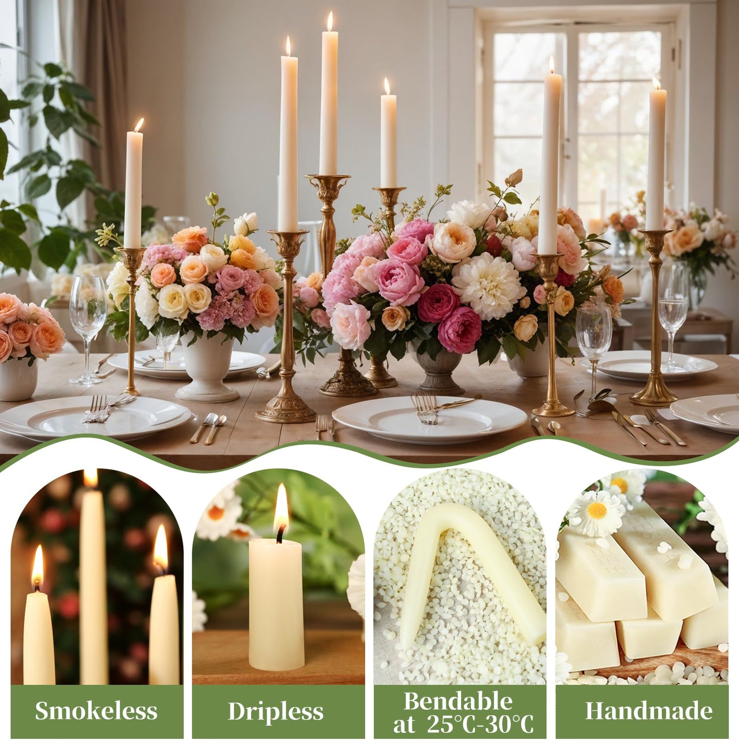 9 in Beeswax Taper Candles,6 Pack Dripless Pure White Beeswax Candle Sticks,10 Hours Long Burning Natural Bees Wax Candles for Home,Unscented Smokeless Tapered Candlesticks for Dinner