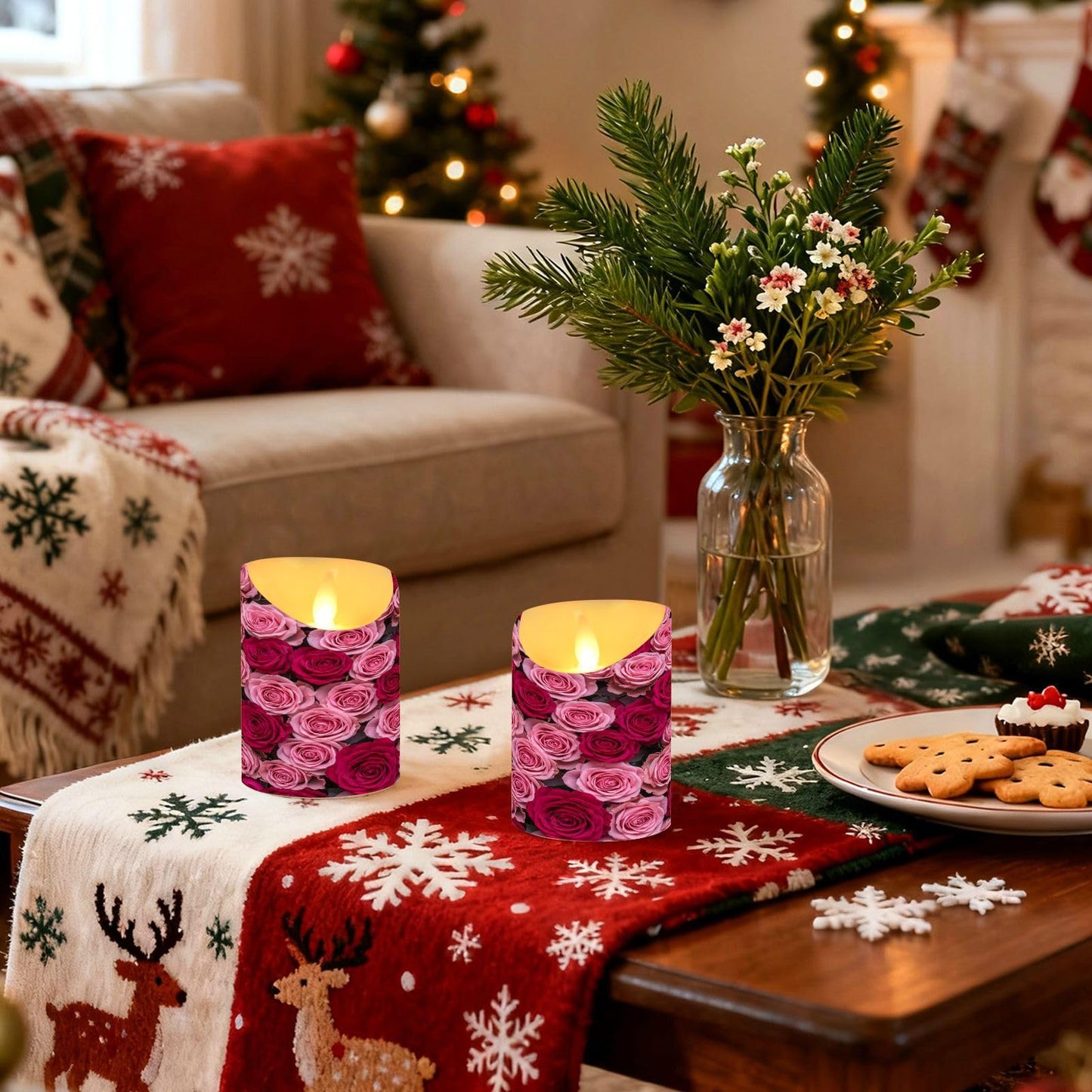 ALAZA Hot Pink Roses Flickering Flameless Candles Battery Operated with Remote Timer,Tea Light Candles LED Pillar Votive Set of 2 for Outdoor Indoor Decorations 3" x3.9"
