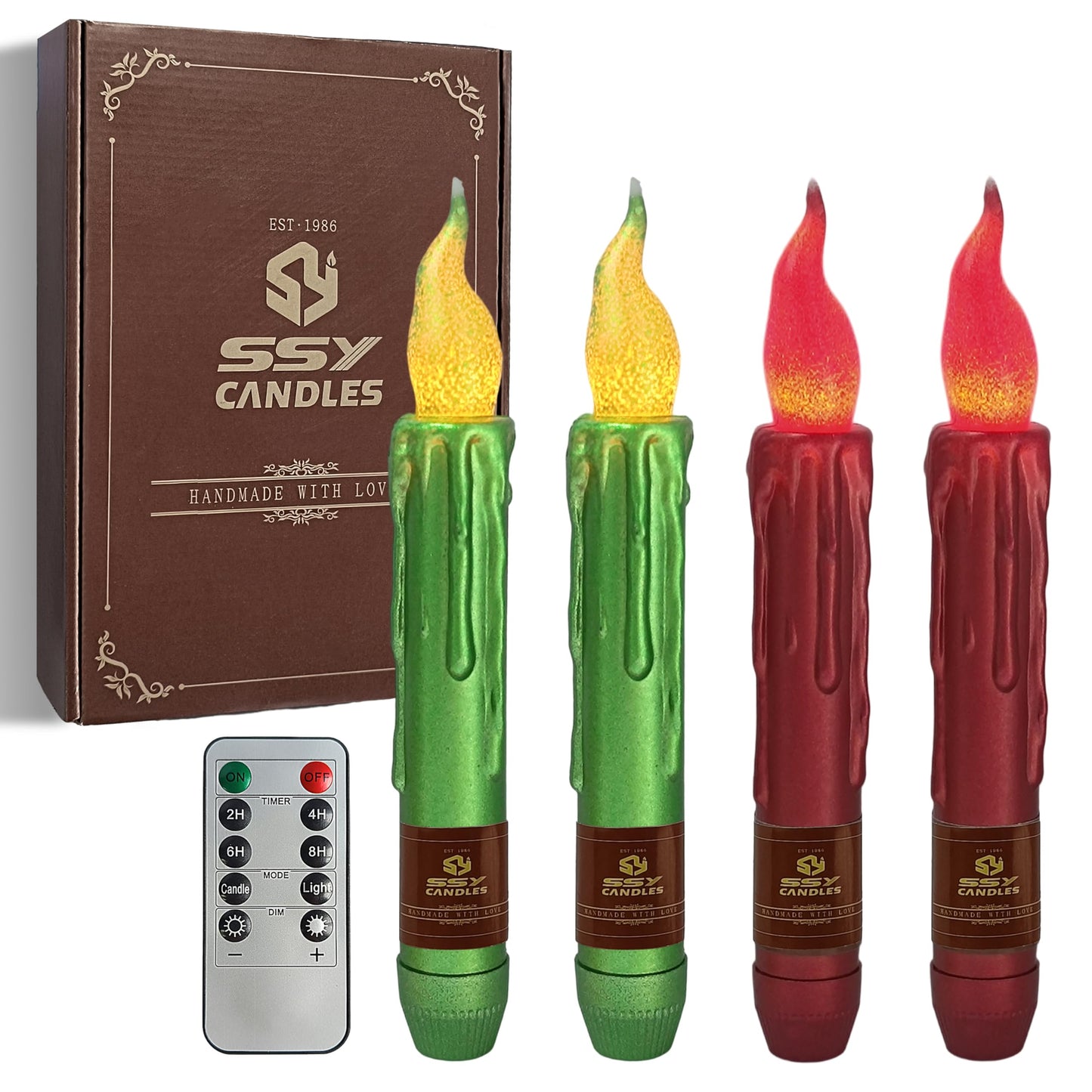 FCMSHAMD Christmas Metallic Red Green Flameless Short Taper Candles, Hand Dipped LED Battery Operated with Remote, Flickering Flame Lights for Home Décor, 6.7 Inch Primitive Flameless Candles, 4PCS