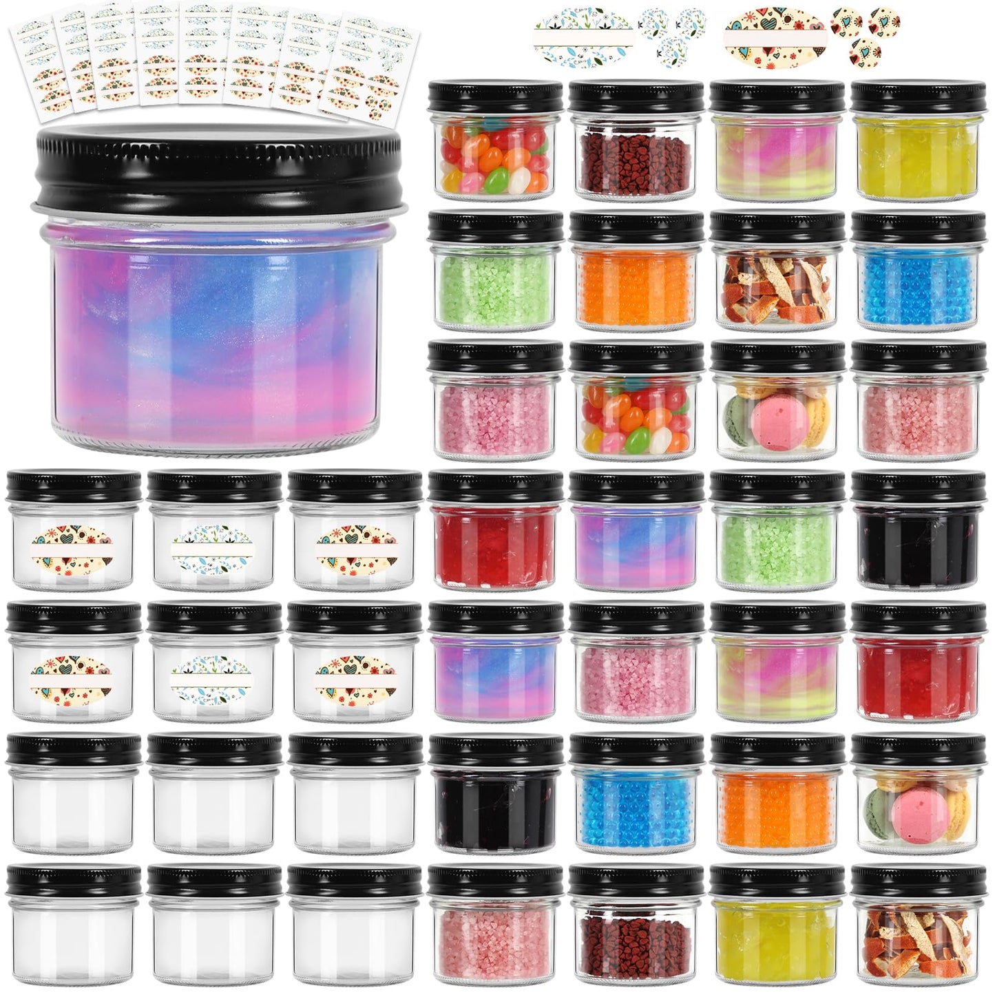 Jaisie.W 4 oz Mini Glass Jars 40Pack - Small Mason Jars with Lids & Stickers for Food Storage, Candle Making, Pantry Organizers - Black Lids