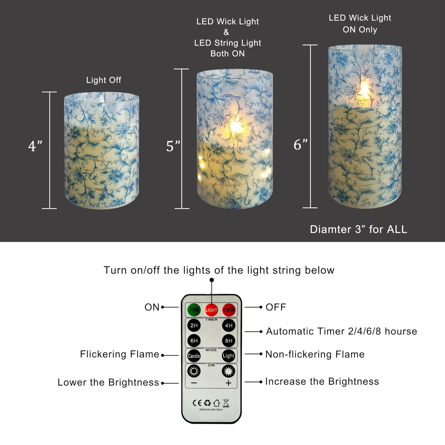 Flickering Flameless Candles Blue Floral Print, Embedded Star String Lights, Battery Operated Acrylic LED Pillar Candles with 11-Key Remote and Timer for Home Decoration, 3 Pack