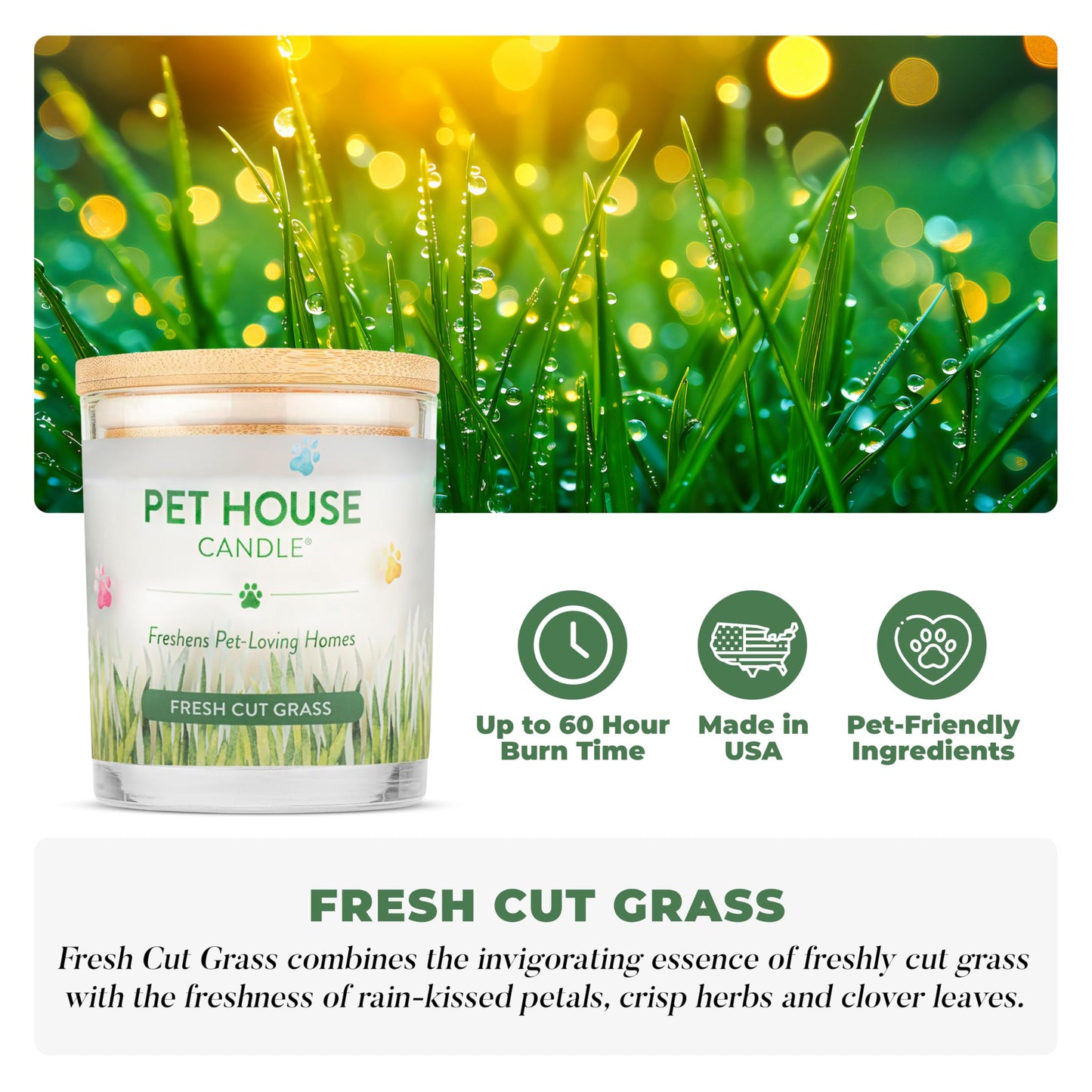 Pet House Candles, 9 oz Fresh Cut Grass Scented Candle, Clean Burning, Long Lasting Plant-Based Pet Friendly Candle, 60 Hour Burn Time