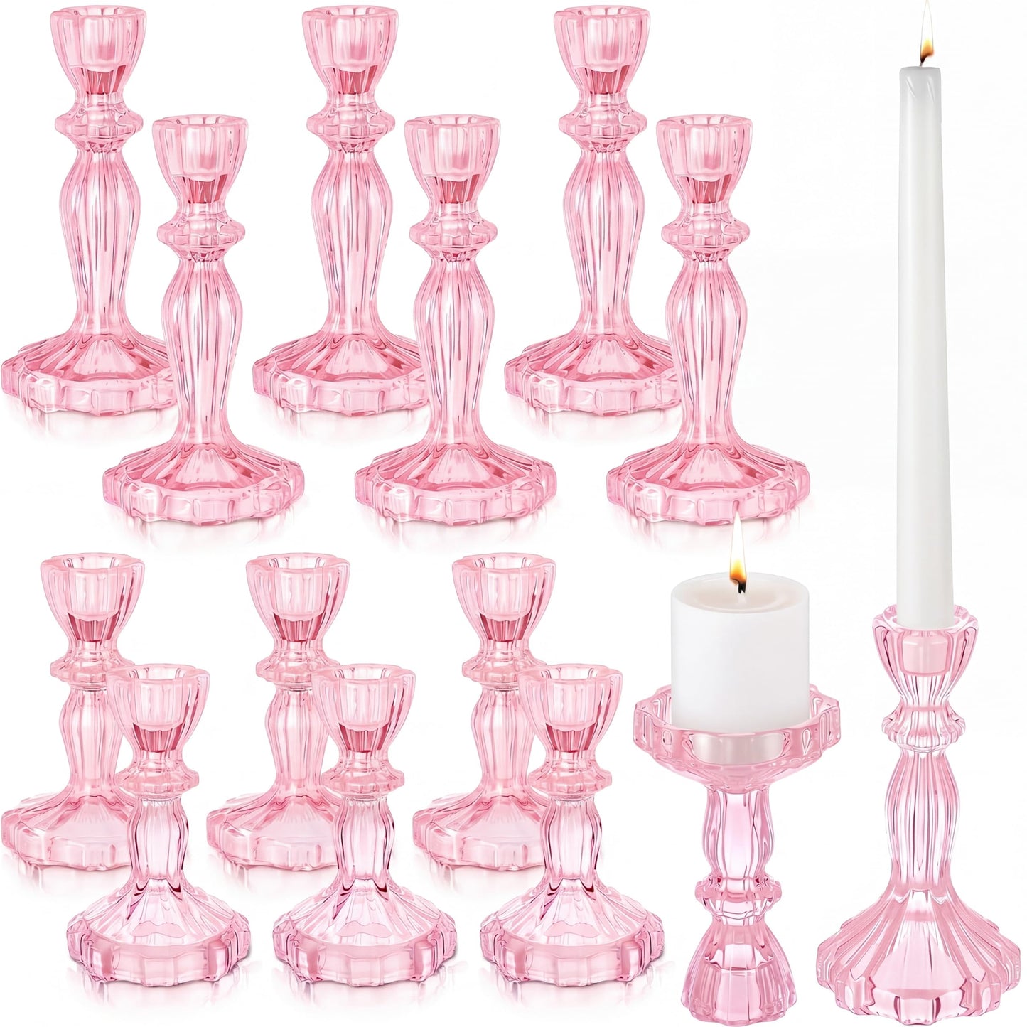 Ferrochef 12 Pack Glass Candlestick Holders Set 4.3/6.1'' Taper Stripe Candle Holder Bulk Floral Shape Crystal Decorative Candle Stand Centerpiece for Table Wedding Dining (Pink)