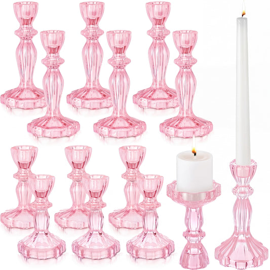 Ferrochef 12 Pack Glass Candlestick Holders Set 4.3/6.1'' Taper Stripe Candle Holder Bulk Floral Shape Crystal Decorative Candle Stand Centerpiece for Table Wedding Dining (Pink)