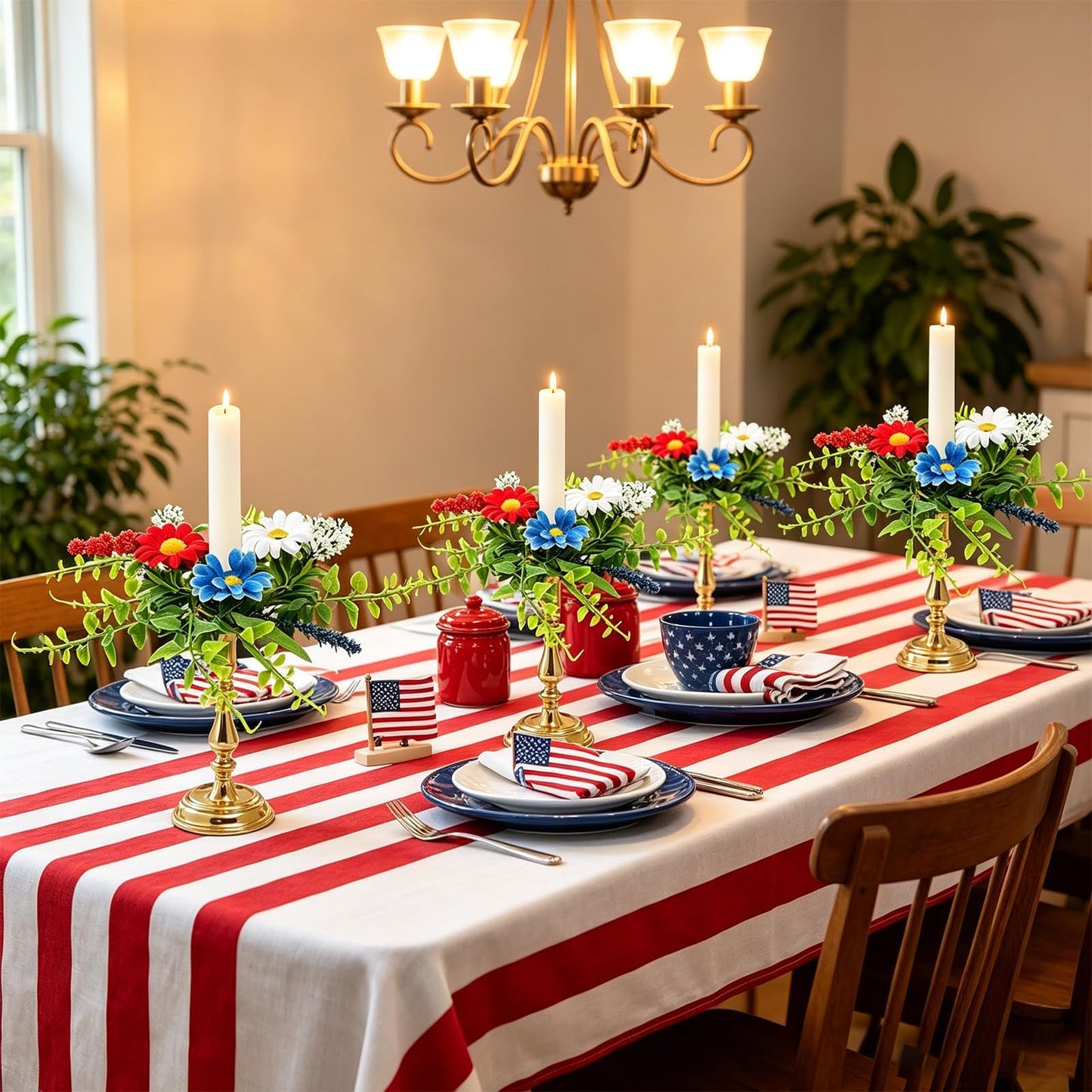 6 PCS Patriotic American Taper Candle Rings Wreaths 1.38" Mini 4th of July Floral Taper Candle Holder with Daisy Artificial Independence Day Table Centerpieces Wreath for Party Home Candlesticks Decor