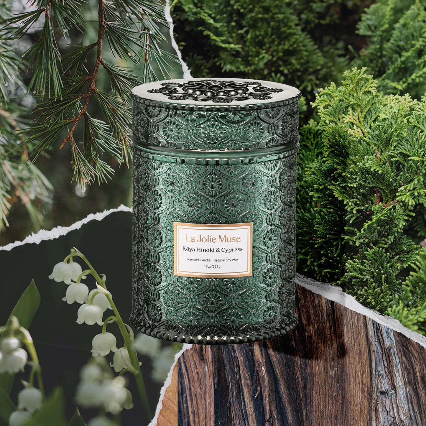 LA JOLIE MUSE Kōya Hinoki & Cypress Candle | Pine, Hinoki & Cedarwood | 19 oz Wooden Wick Soy Candle | 90-Hour Burn | Daily Relaxation & Cozy Ambiance